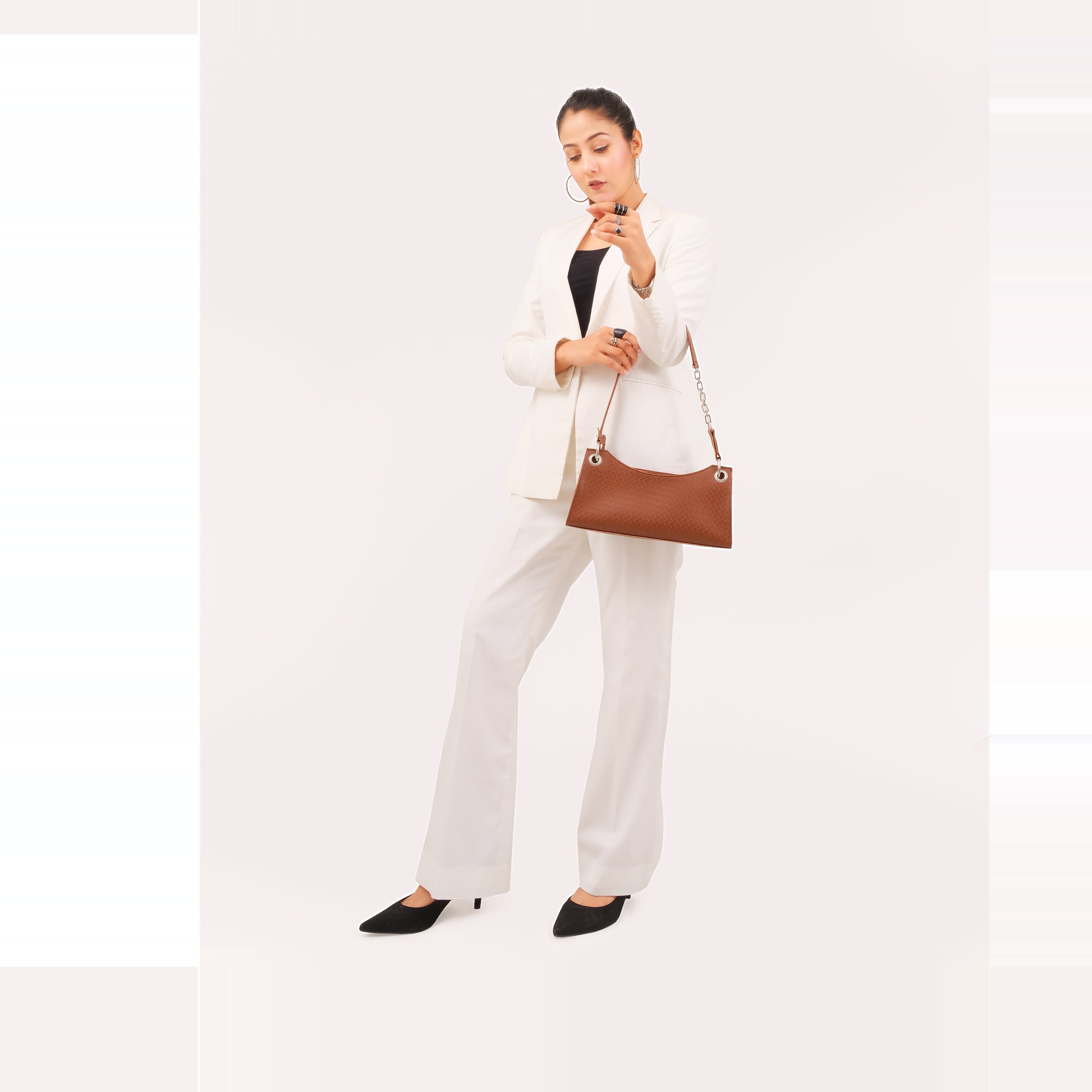 Brown weaved elongated chain handle purse