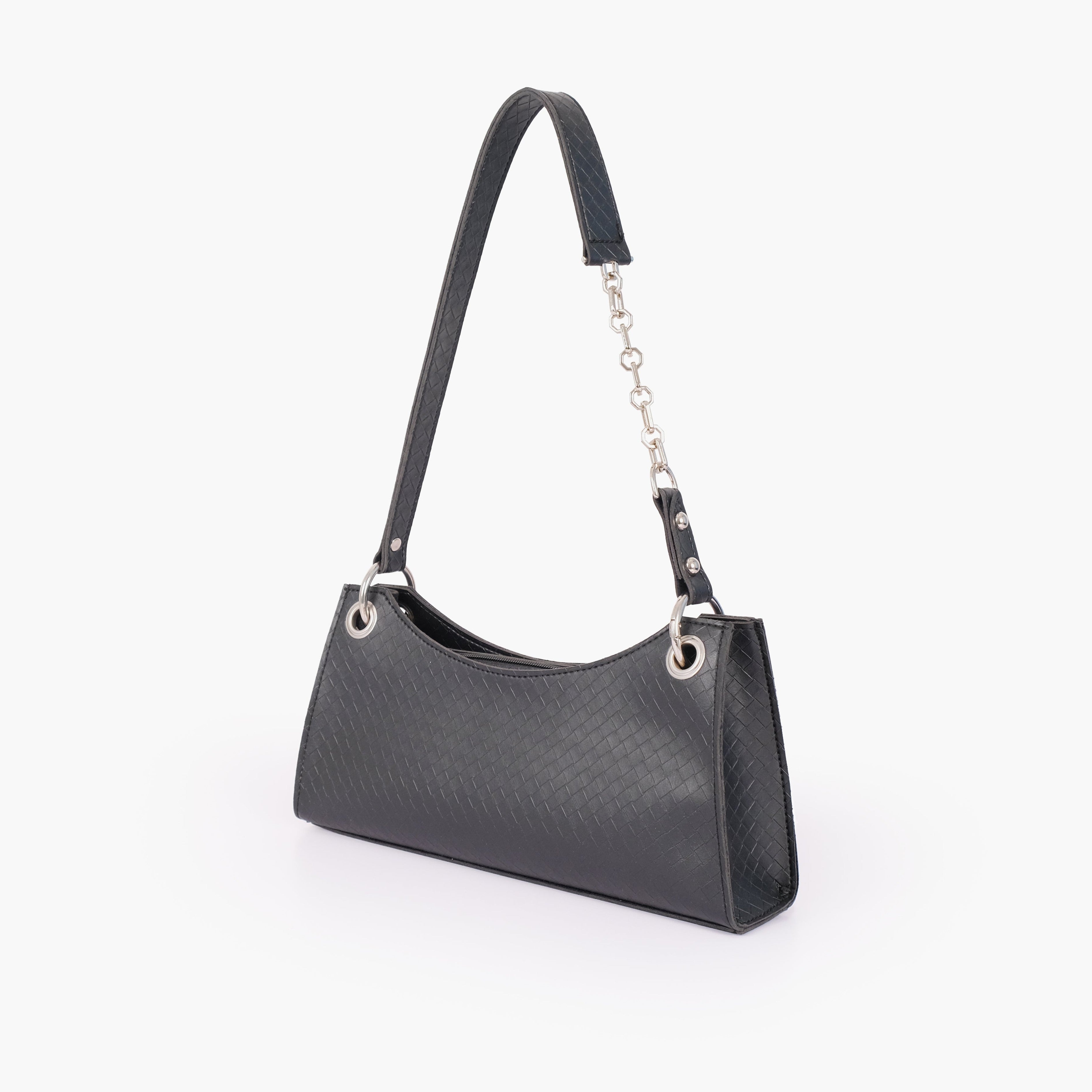 Black weaved elongated chain handle purse