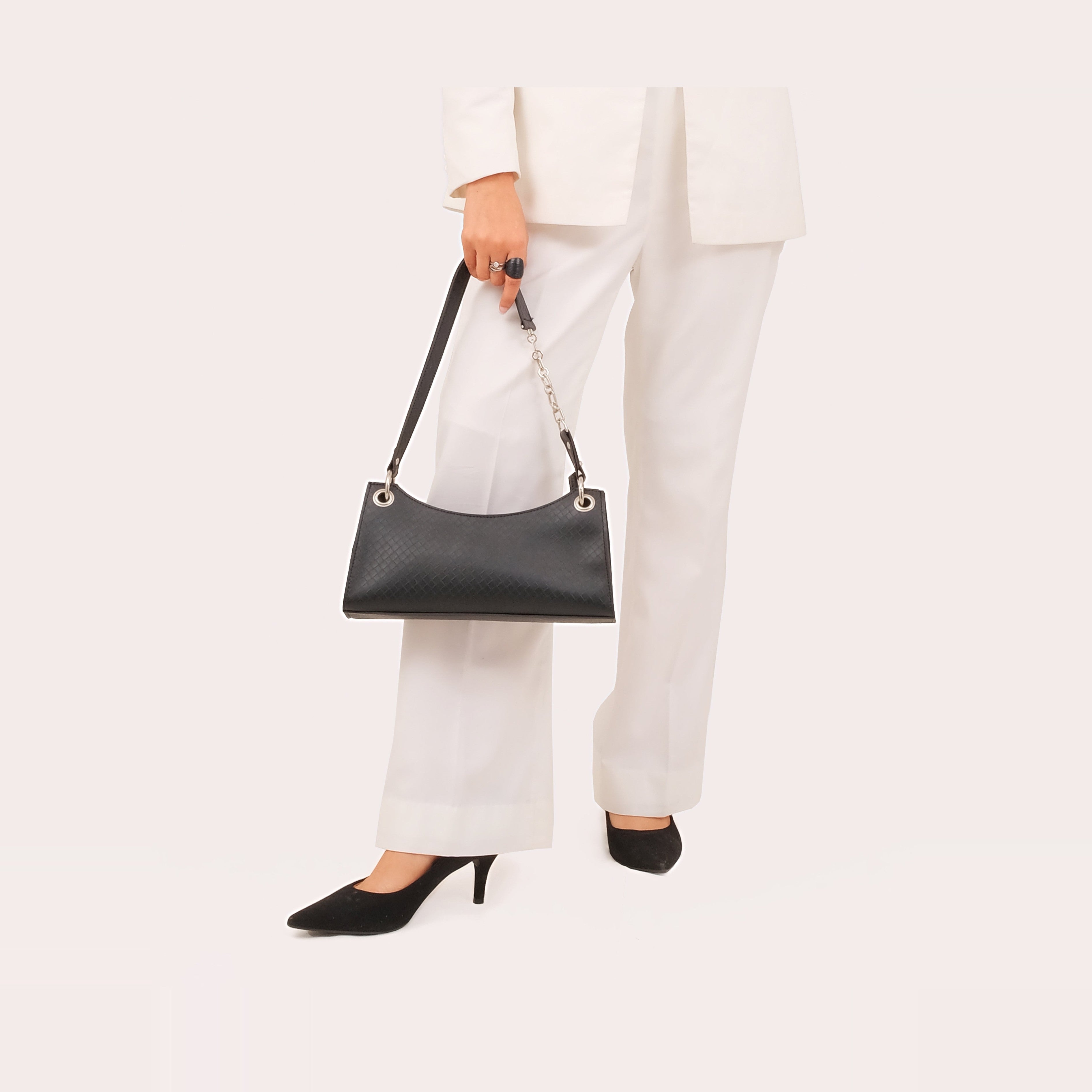 Black weaved elongated chain handle purse