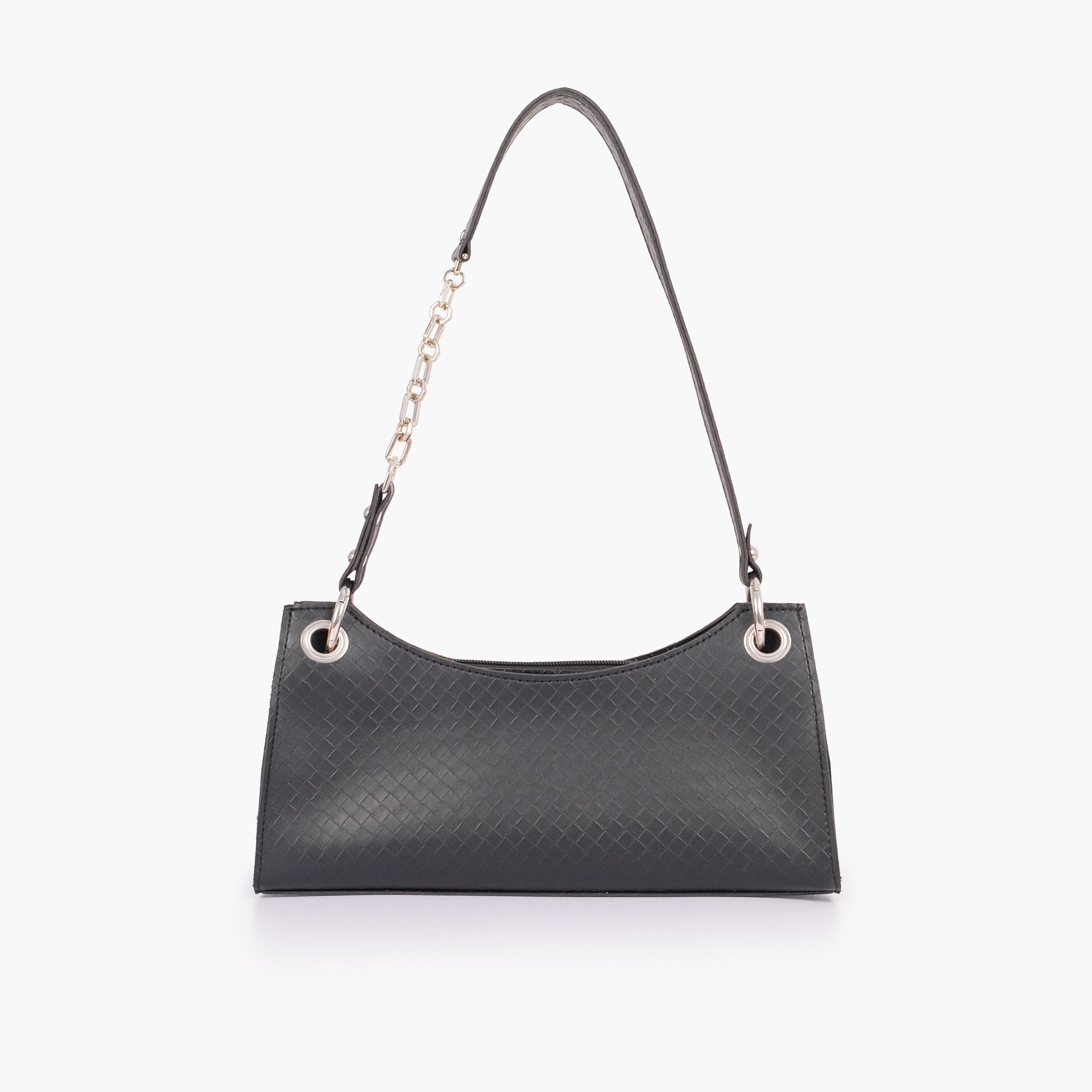 Black weaved elongated chain handle purse