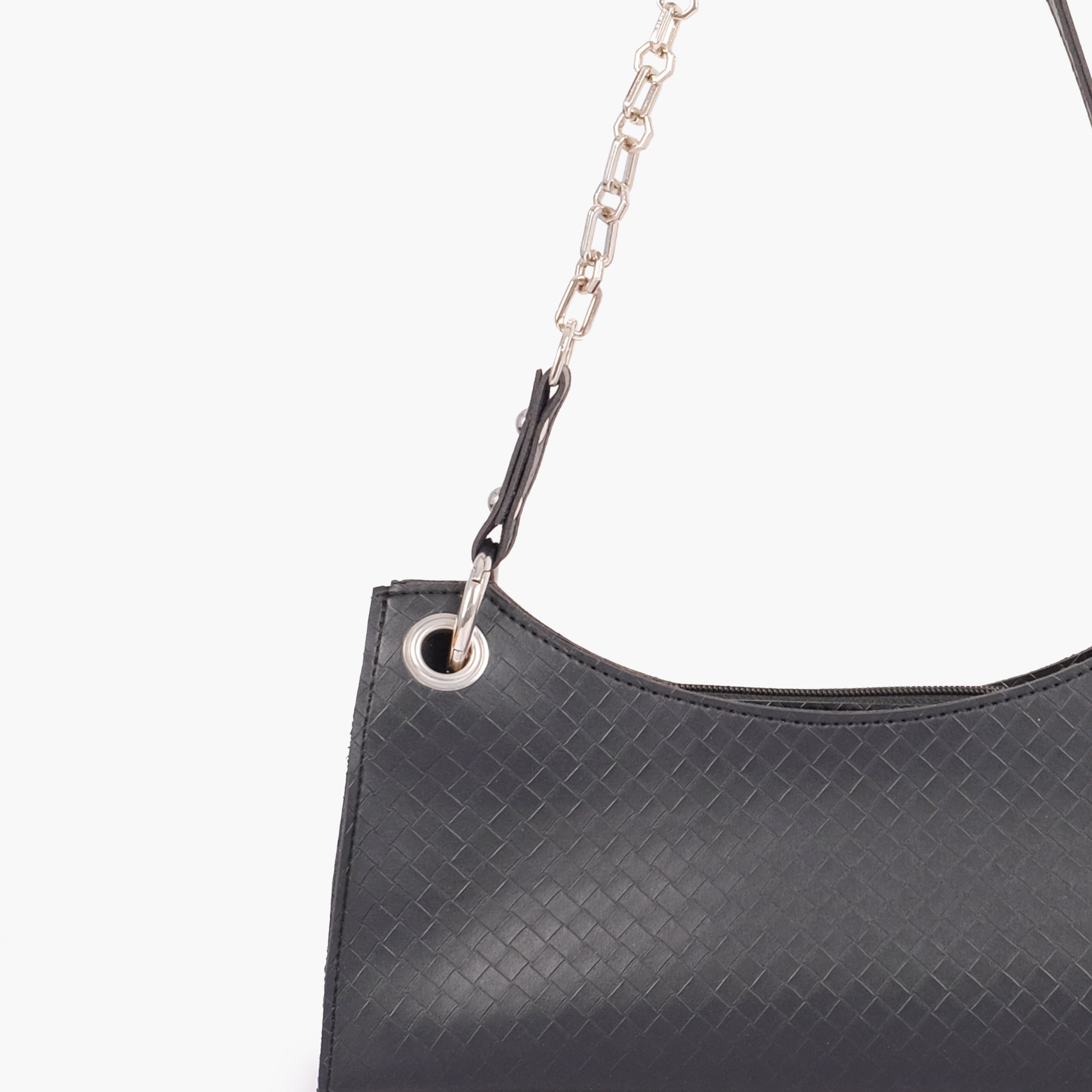 Black weaved elongated chain handle purse