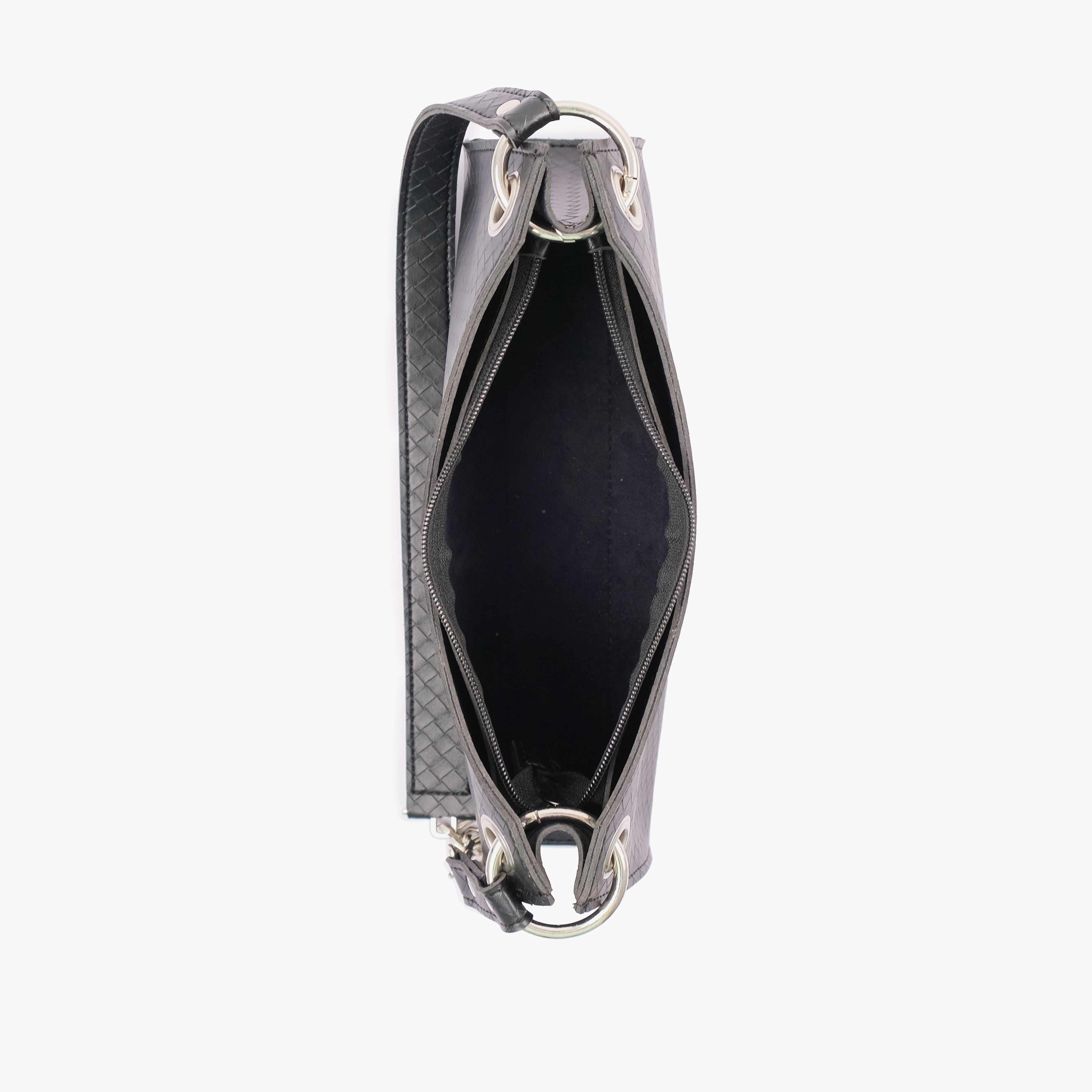 Black weaved elongated chain handle purse