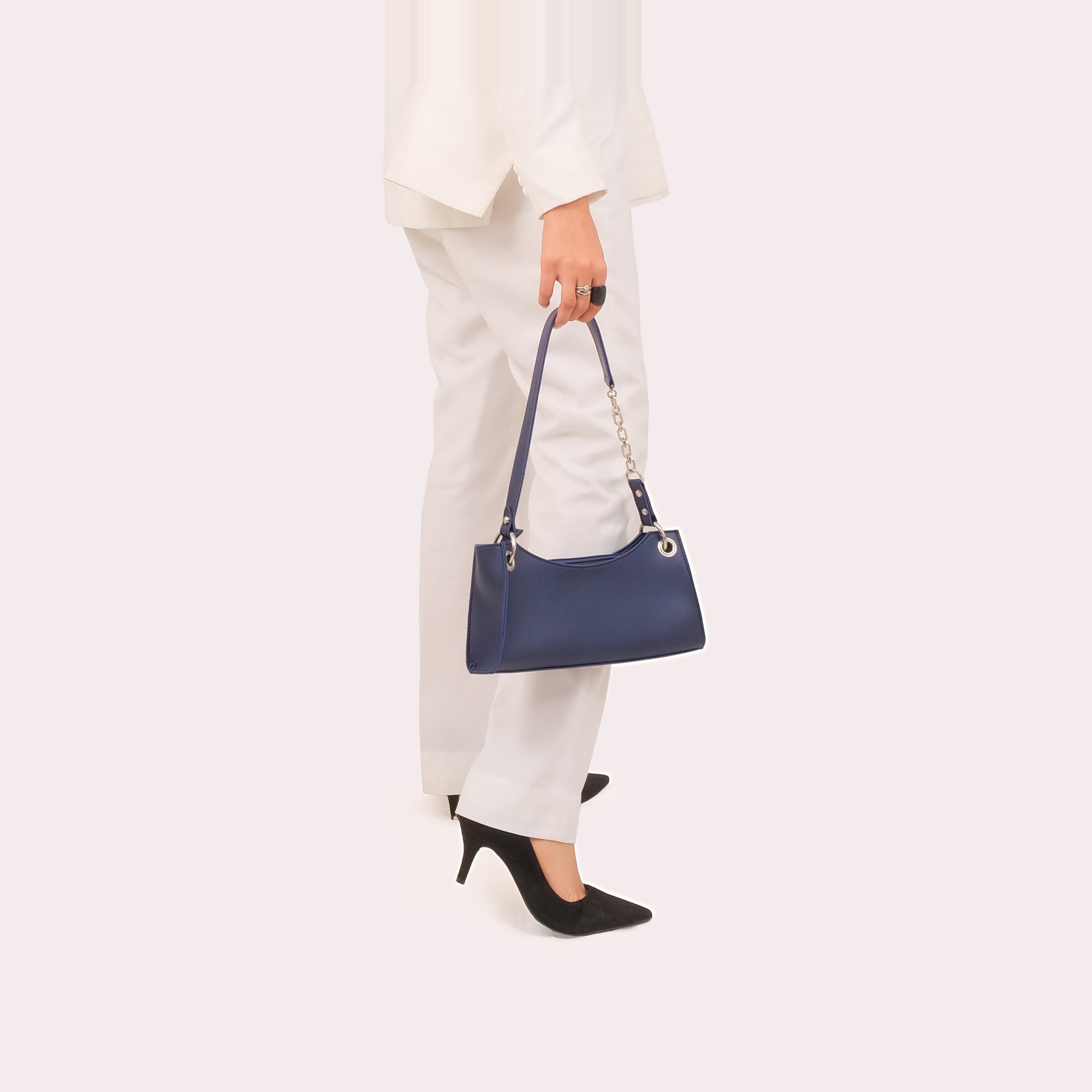 Blue elongated chain handle purse