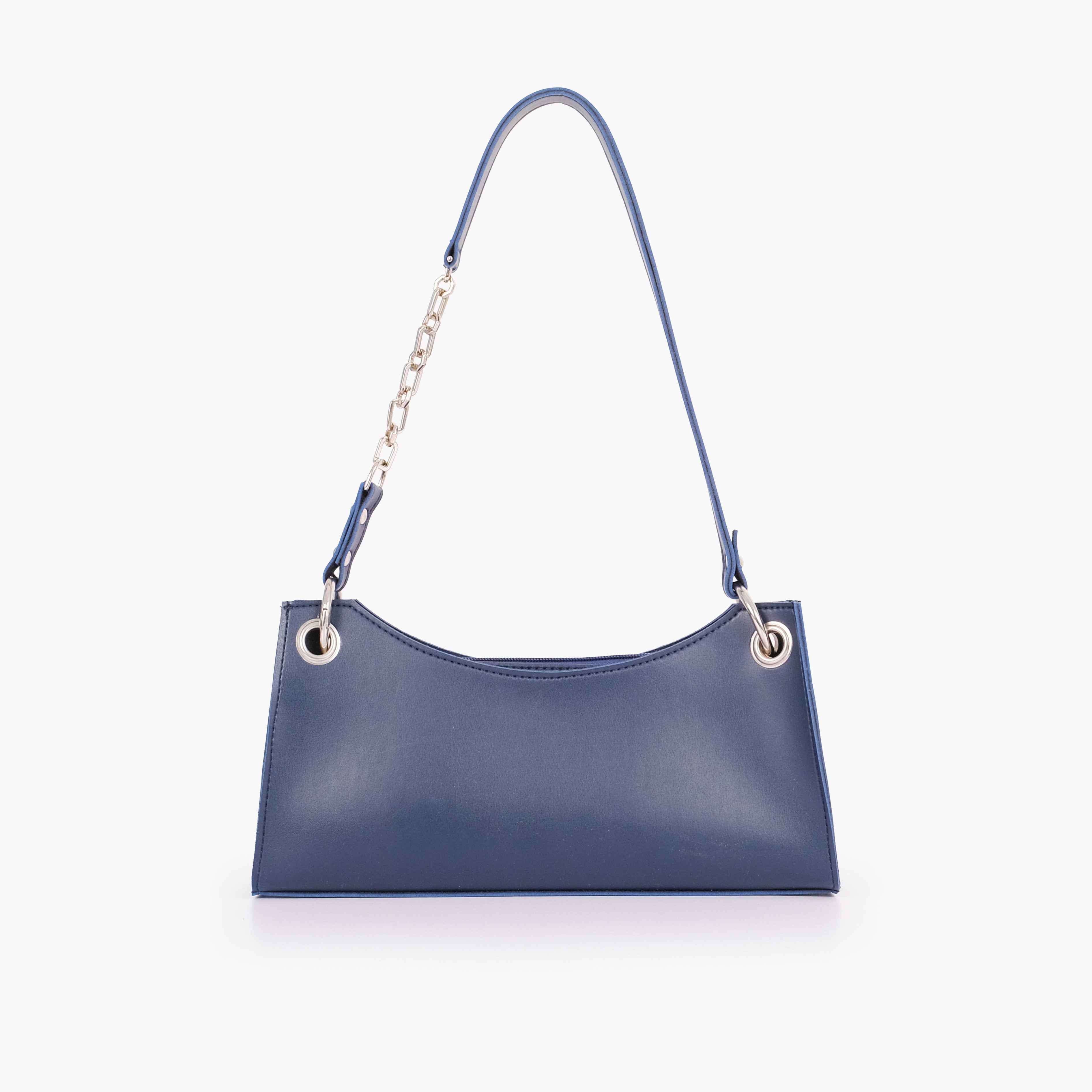 Blue elongated chain handle purse