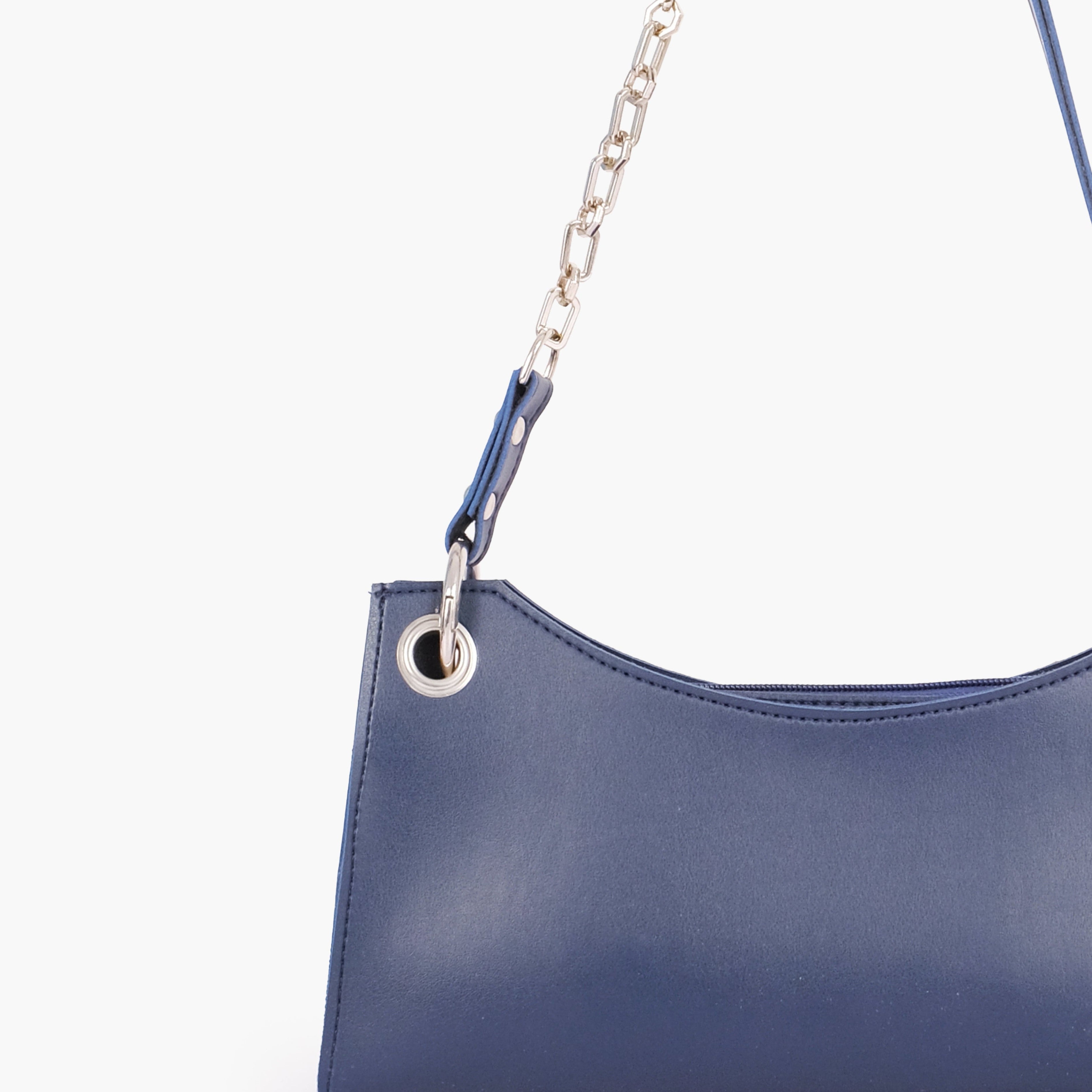 Blue elongated chain handle purse