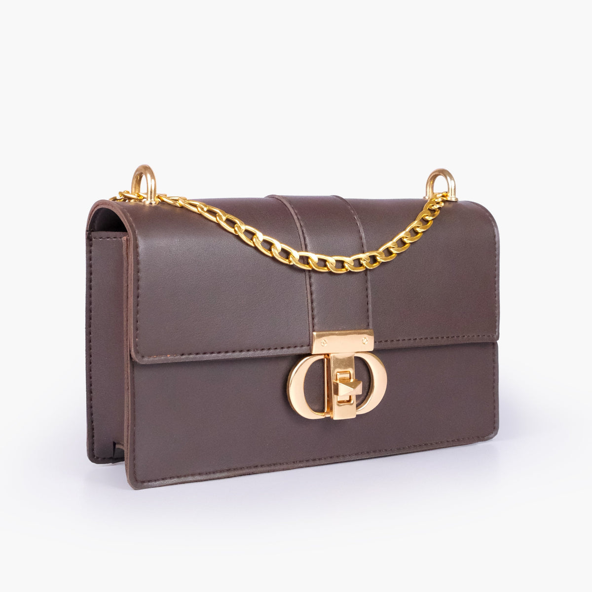 Dark brown east-west shoulder bag with half chain