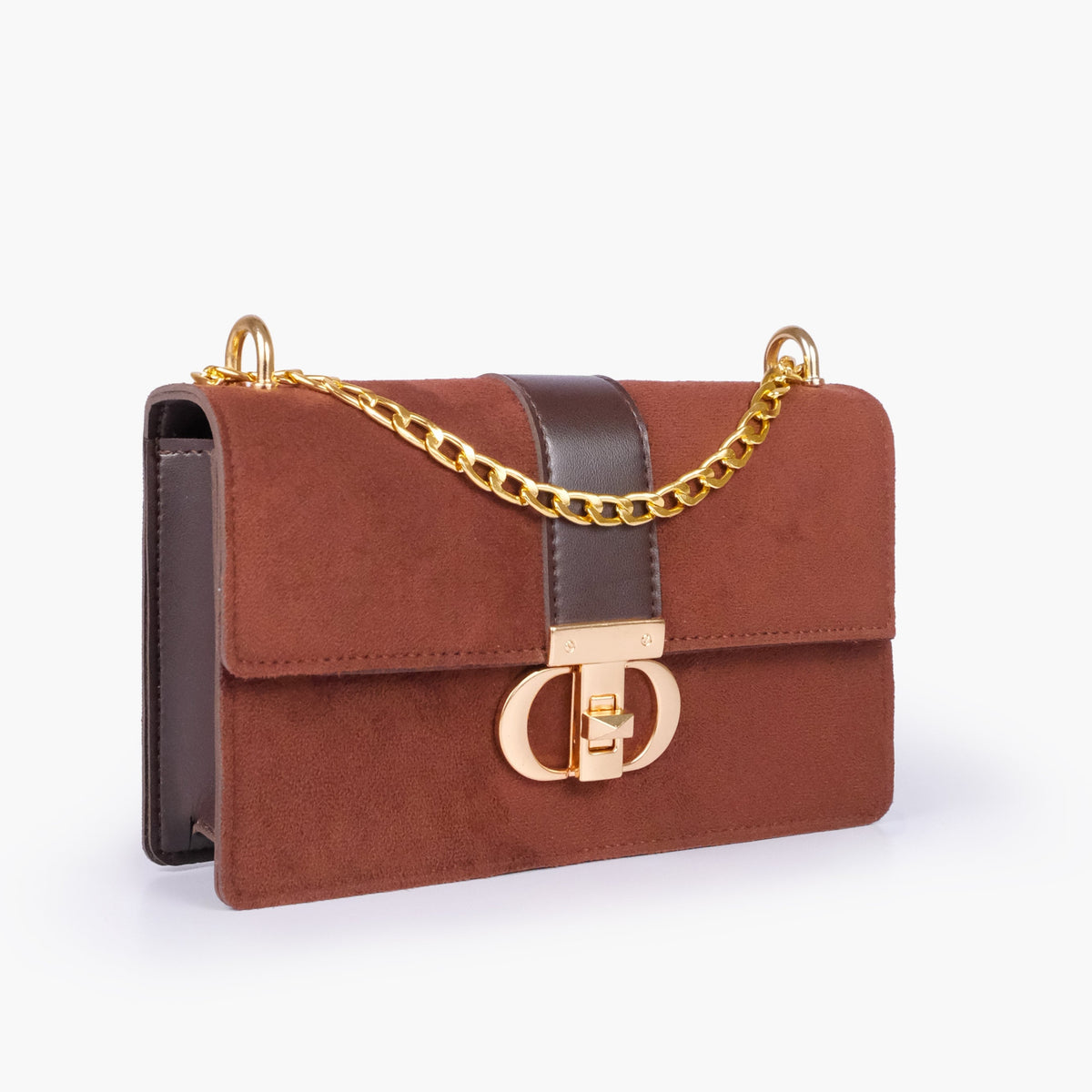 Dark brown suede east-west shoulder bag with half chain