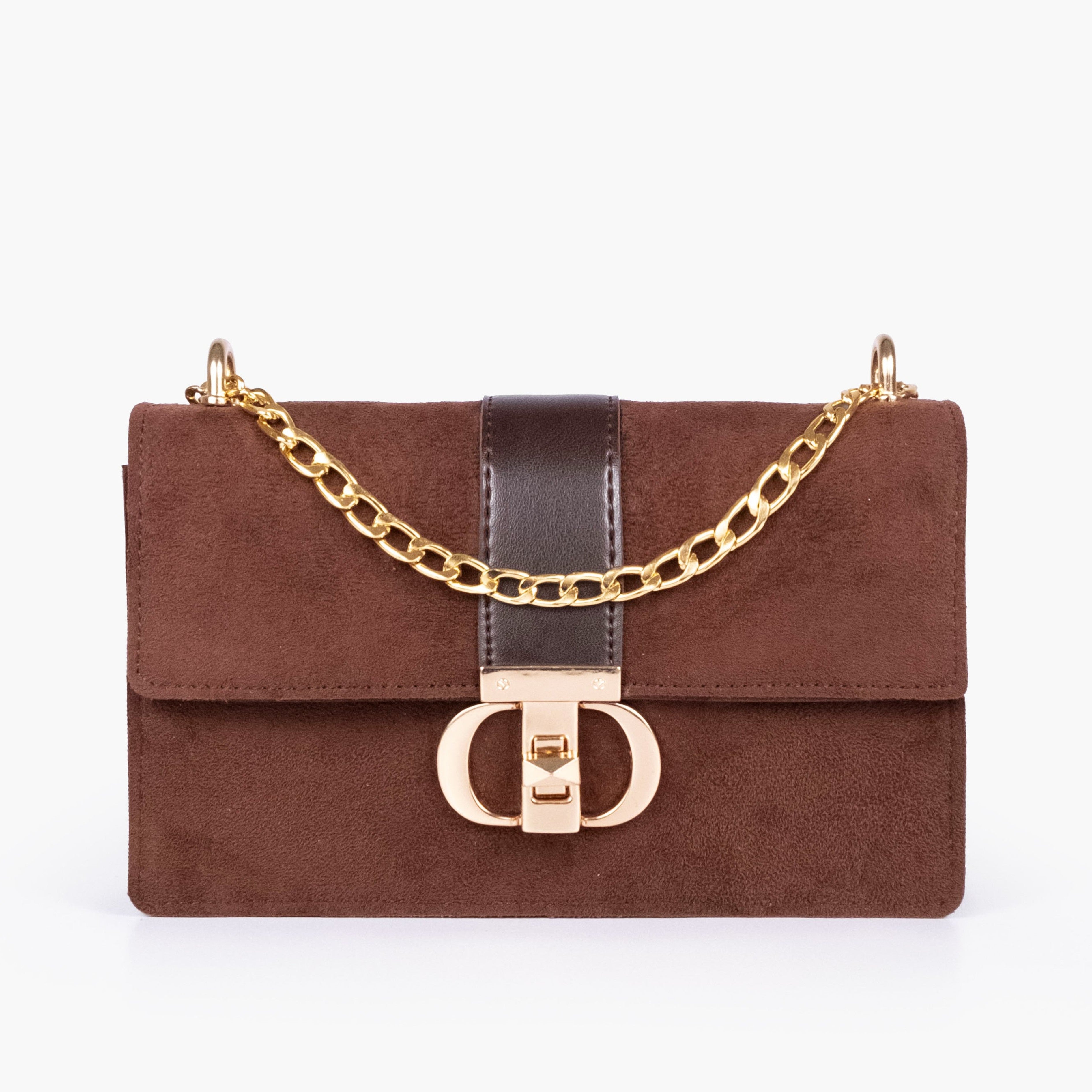 Dark brown suede east-west shoulder bag with half chain