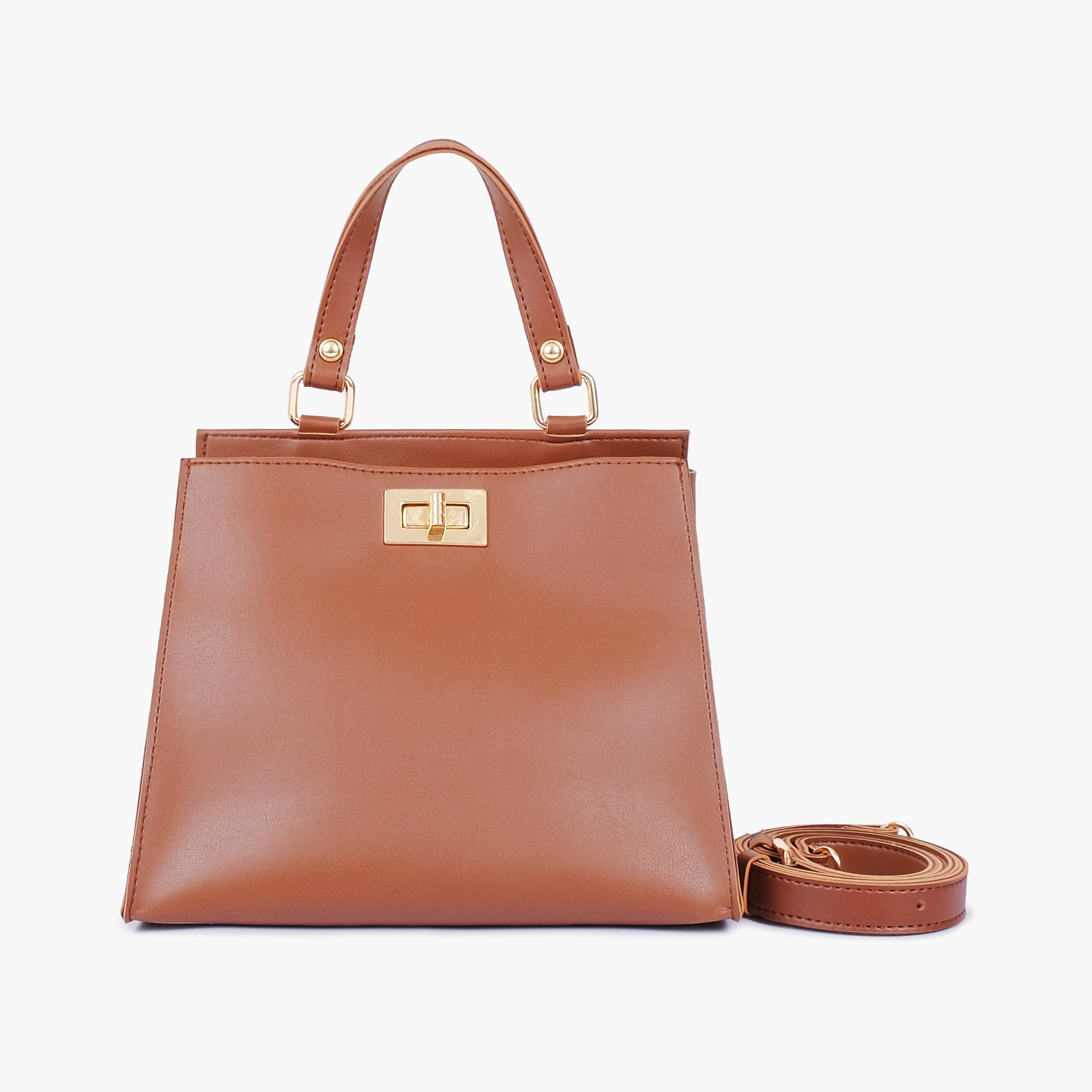 Brown front lock top-handle mini bag