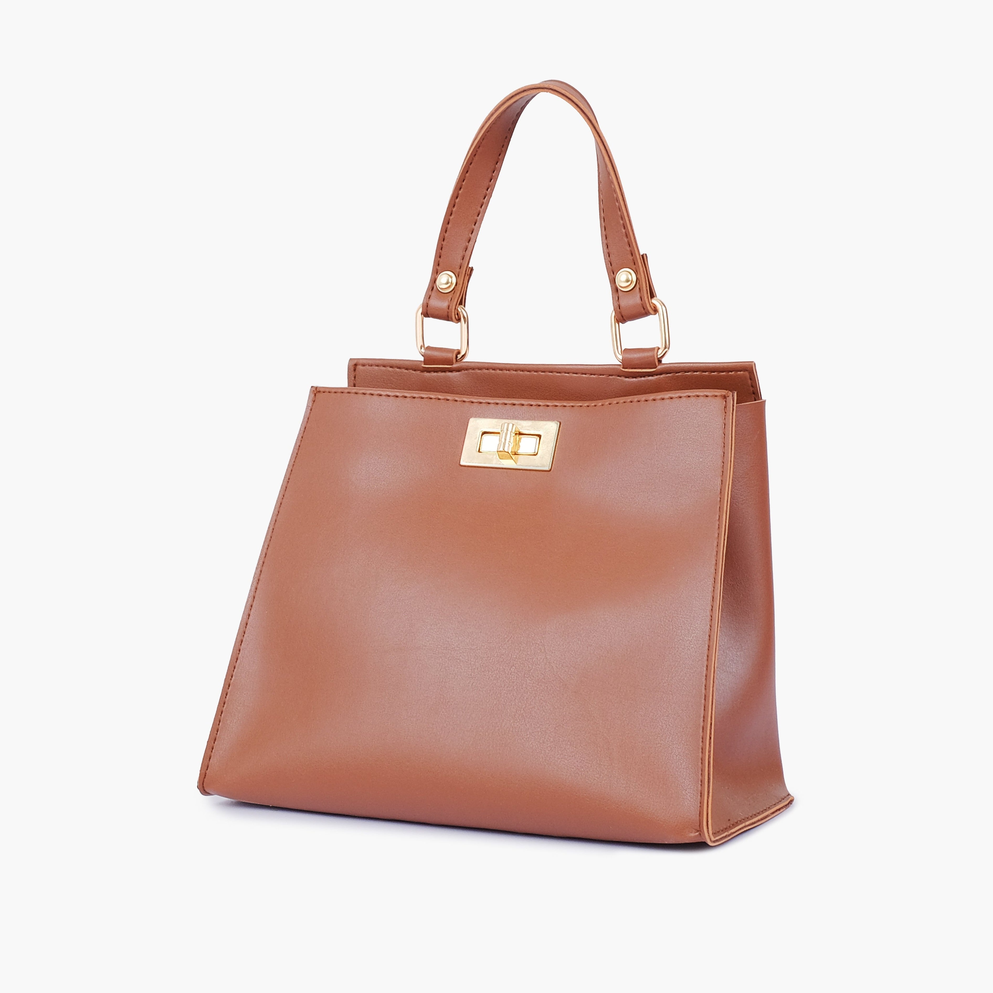 Brown front lock top-handle mini bag