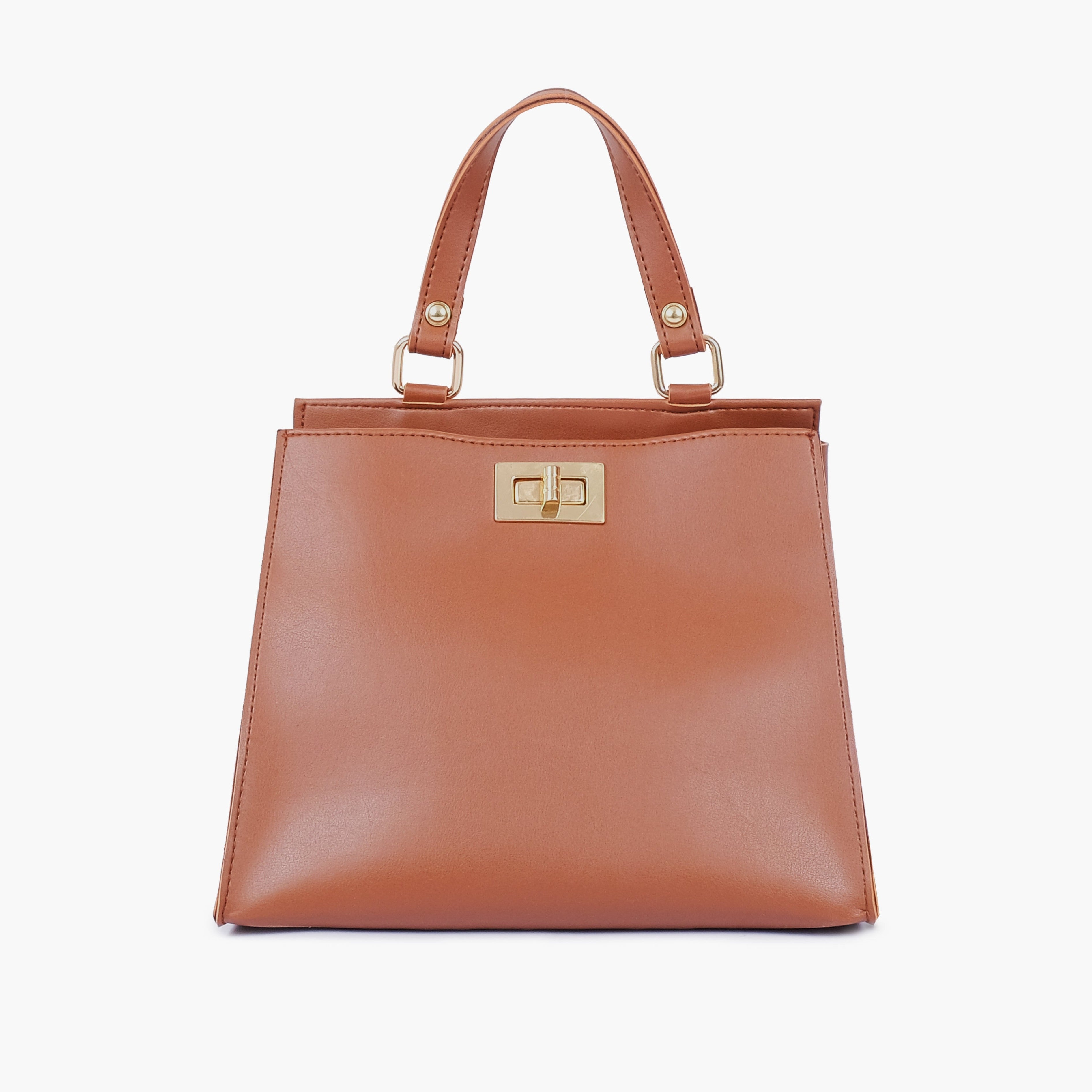 Brown front lock top-handle mini bag