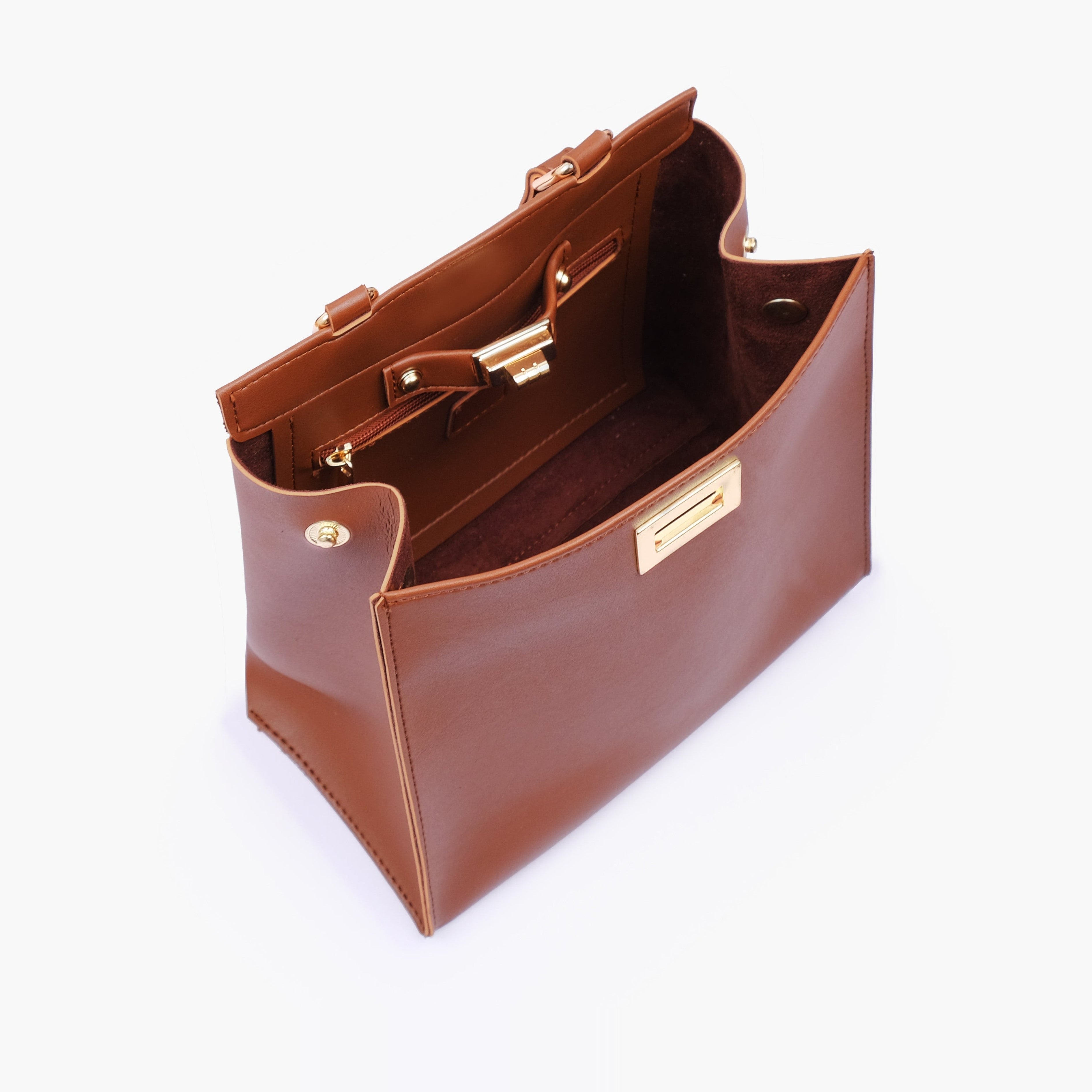 Brown front lock top-handle mini bag