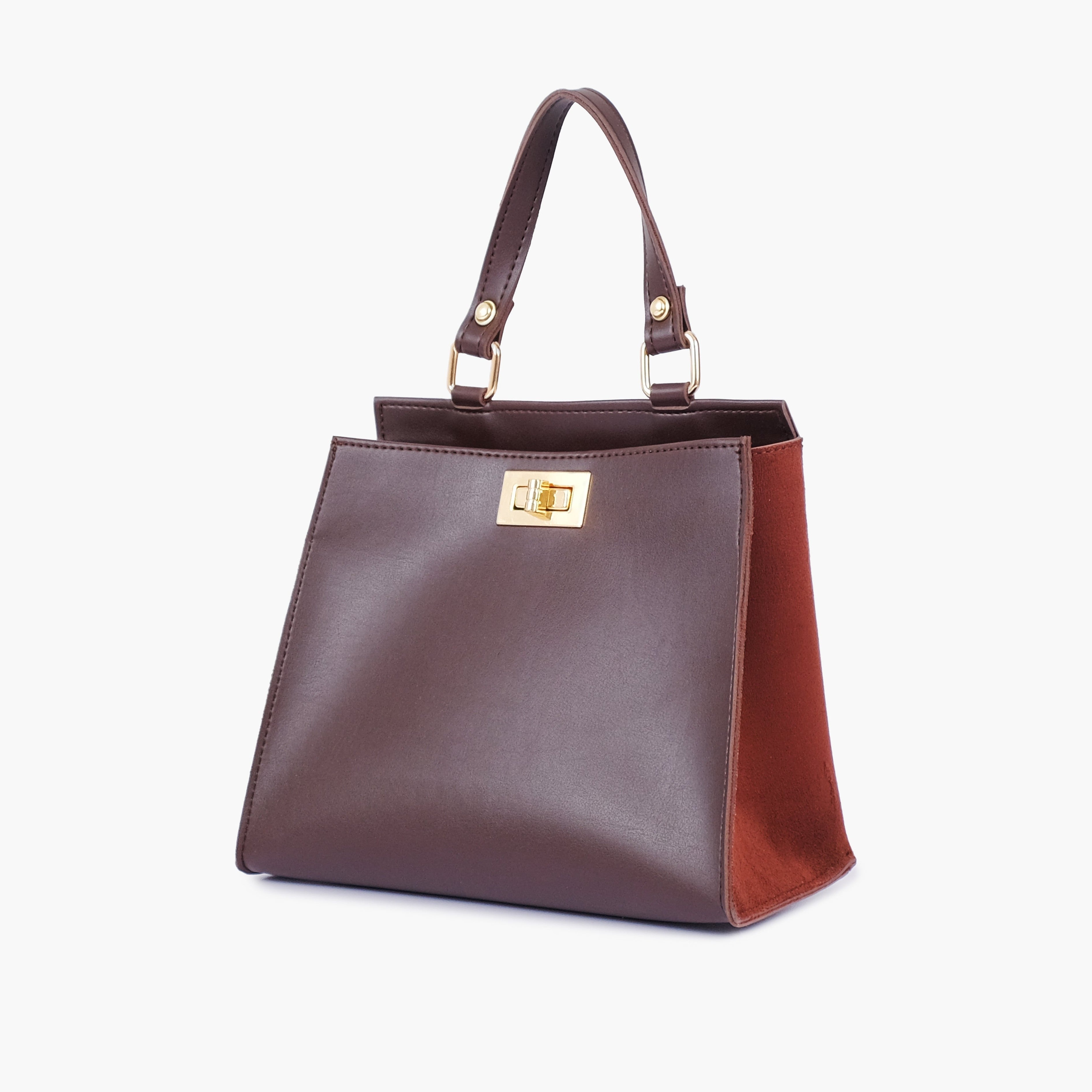 Dark brown suede front lock top-handle mini bag