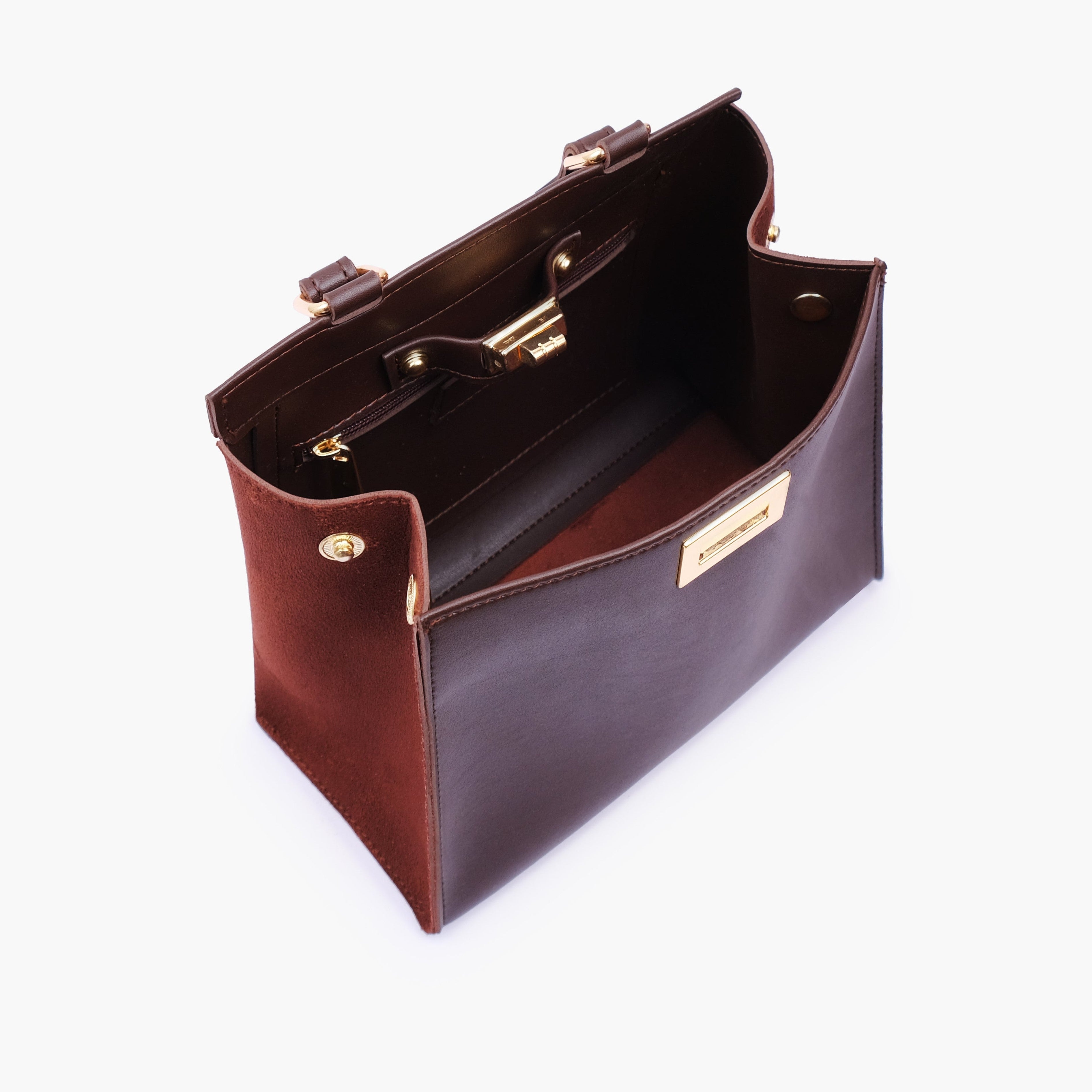 Dark brown suede front lock top-handle mini bag