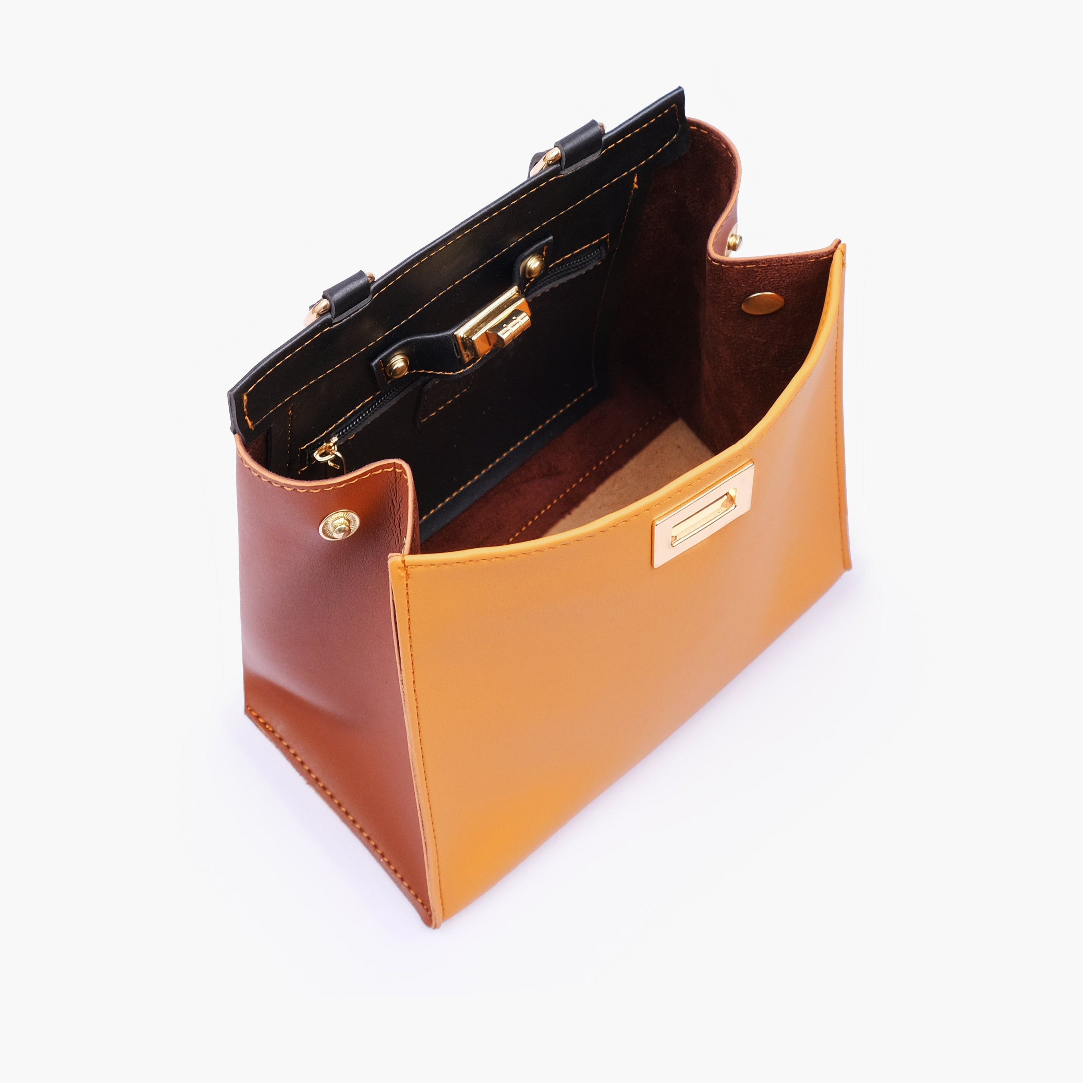Mustard front lock top-handle mini bag