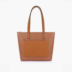 Tan front pocket tote bag