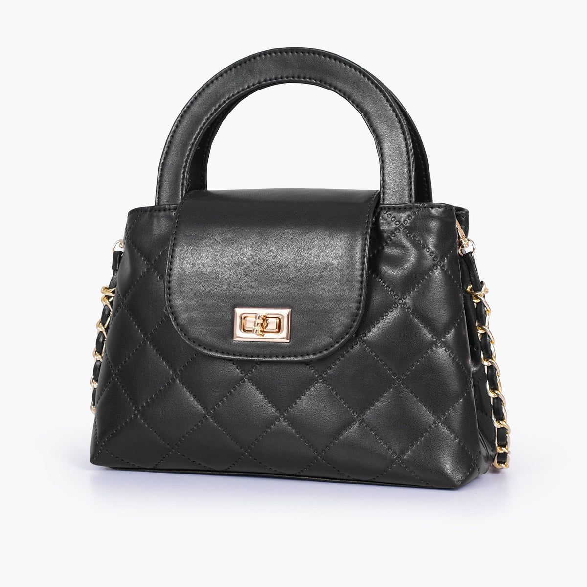 Black flap quilted bag with top handle