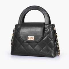 Black flap quilted bag with top handle