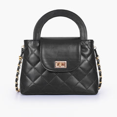 Black flap quilted bag with top handle