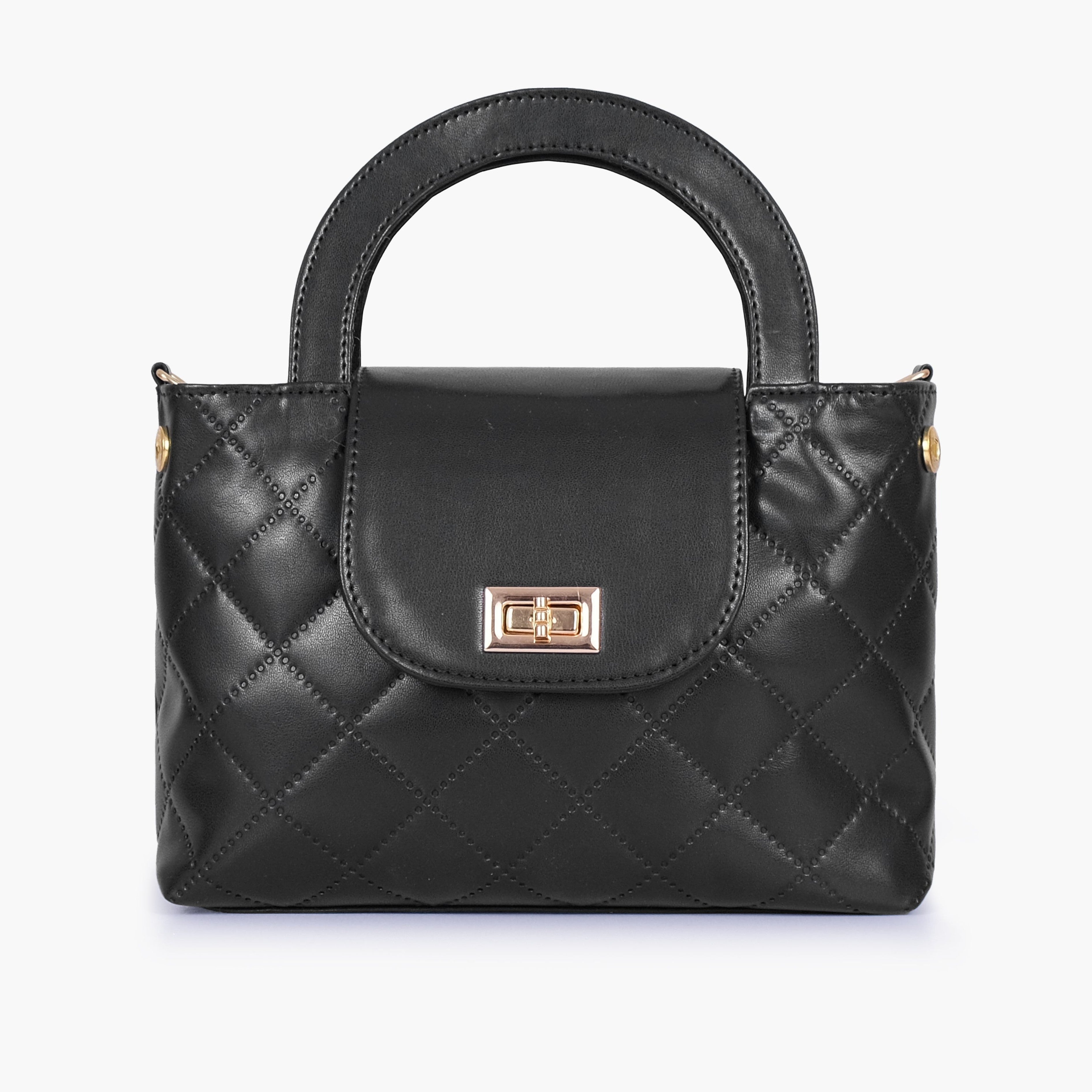 Black flap quilted bag with top handle