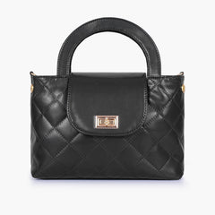 Black flap quilted bag with top handle
