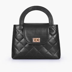 Black flap quilted bag with top handle