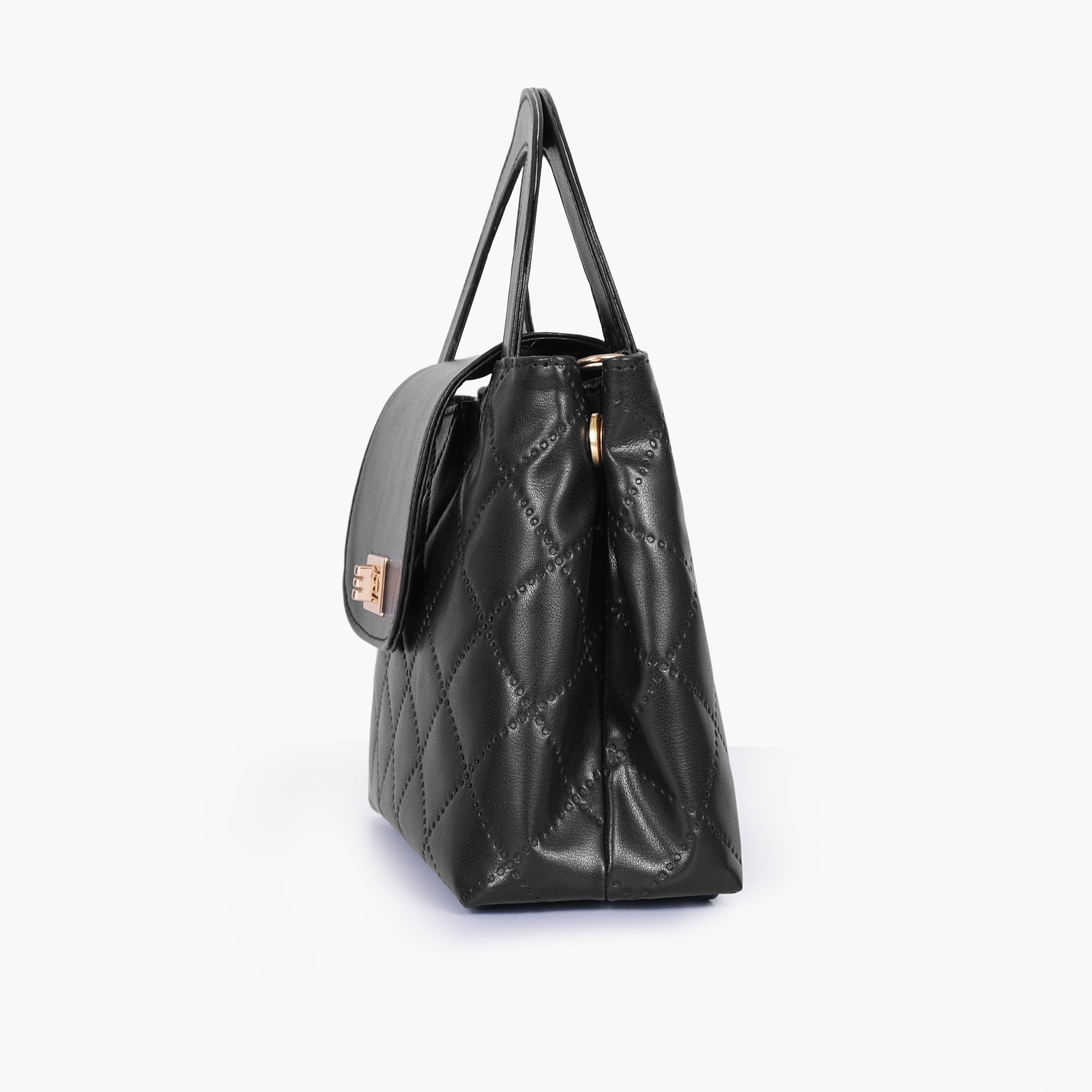 Black flap quilted bag with top handle