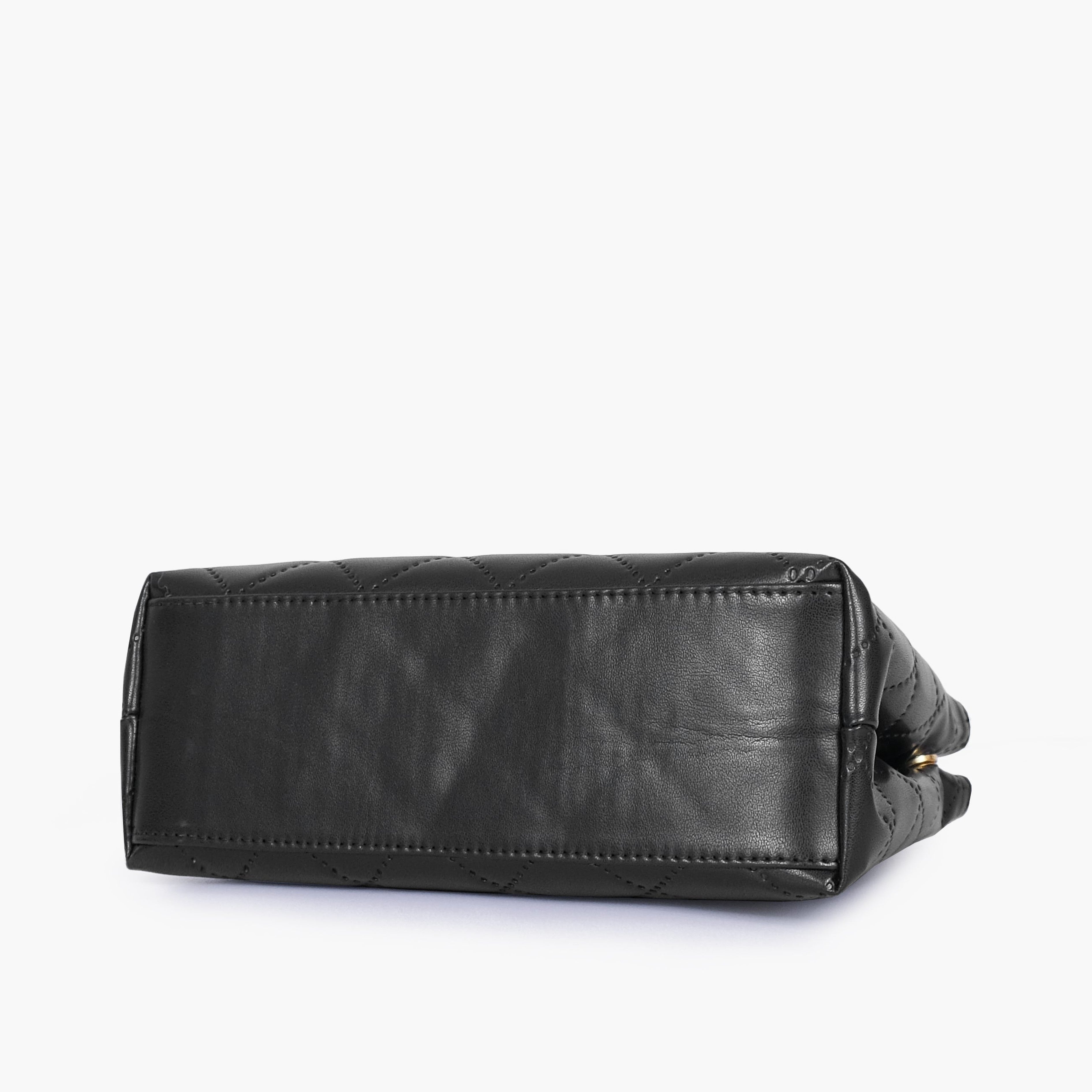 Black flap quilted bag with top handle