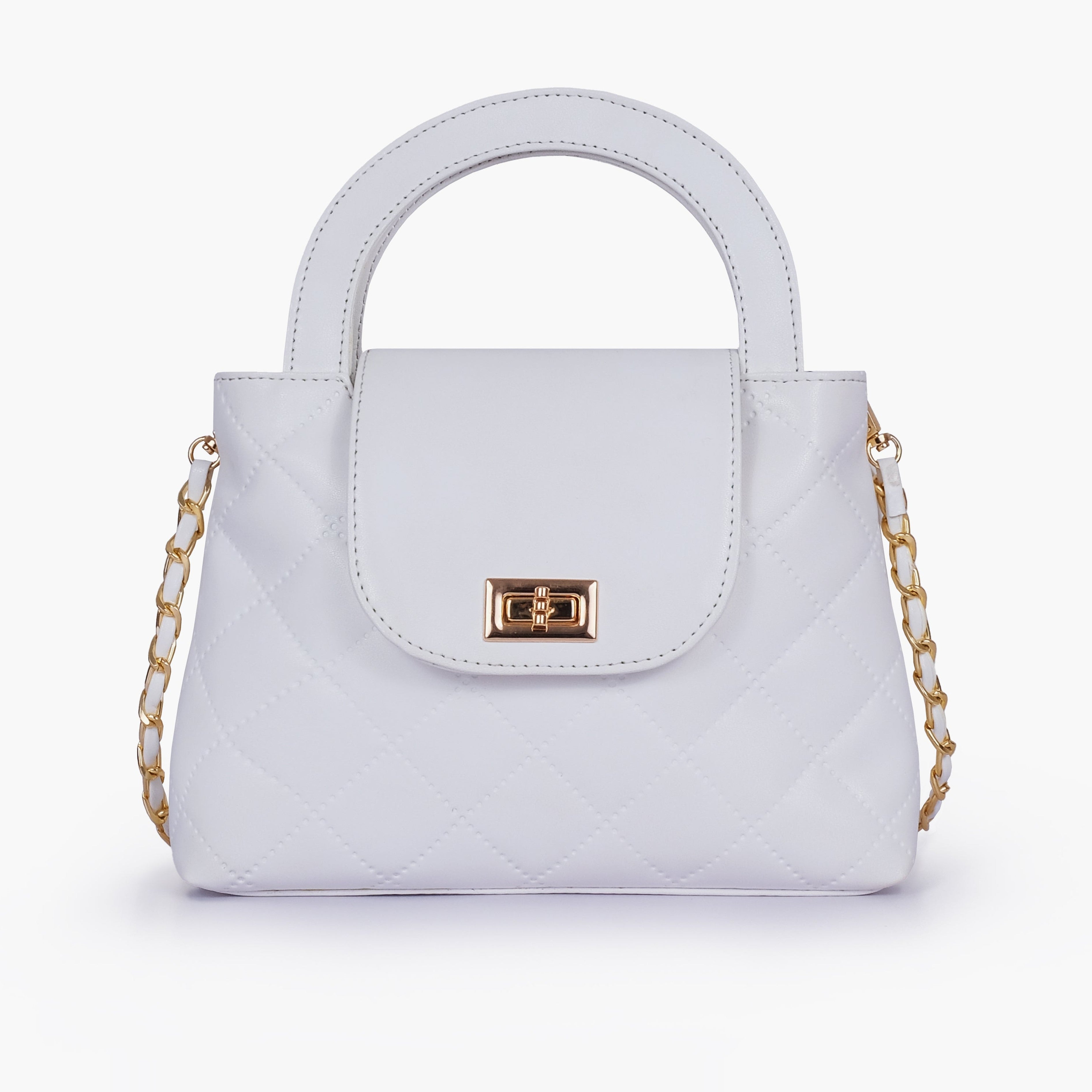White flap quilted bag with top handle