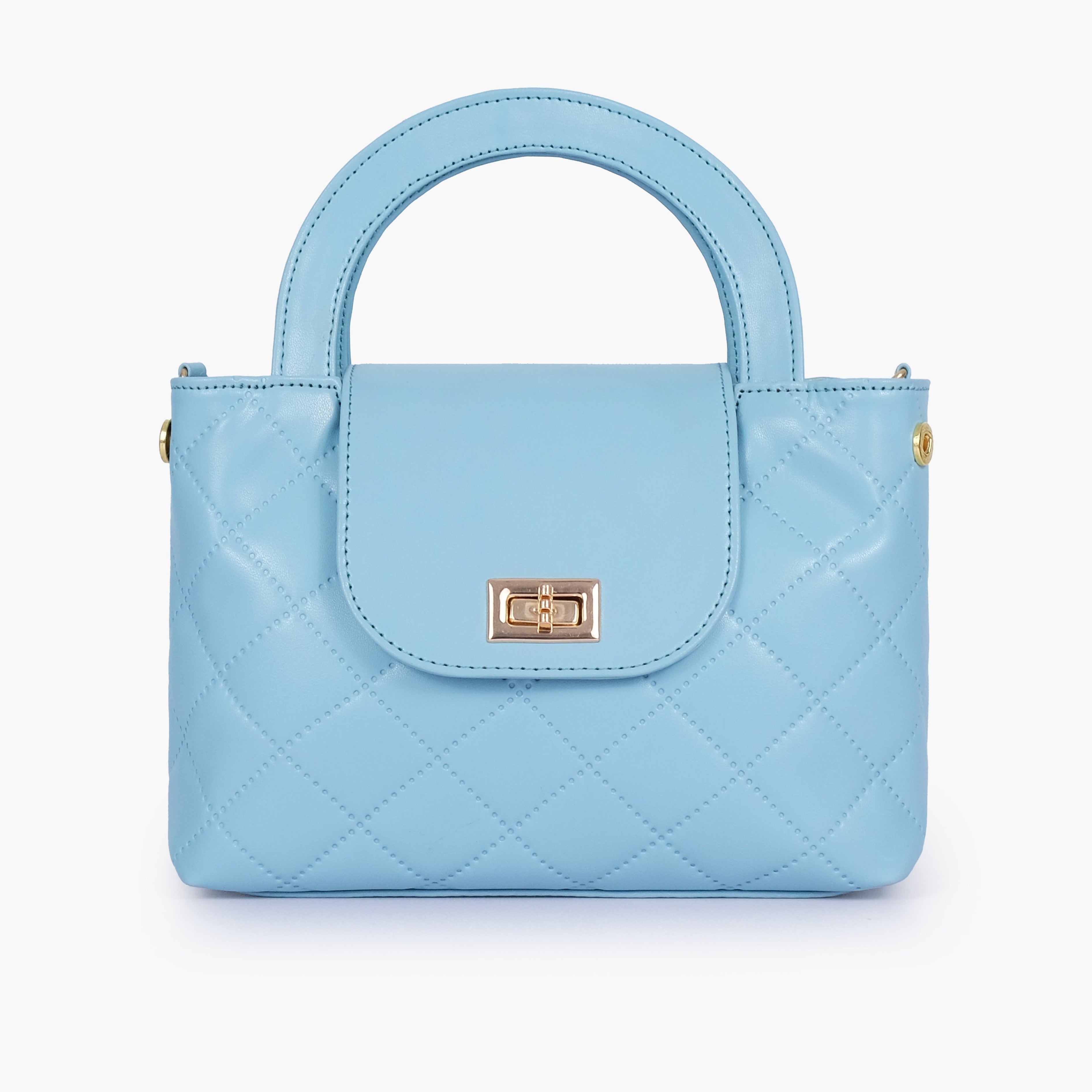 Sky blue flap quilted bag with top handle