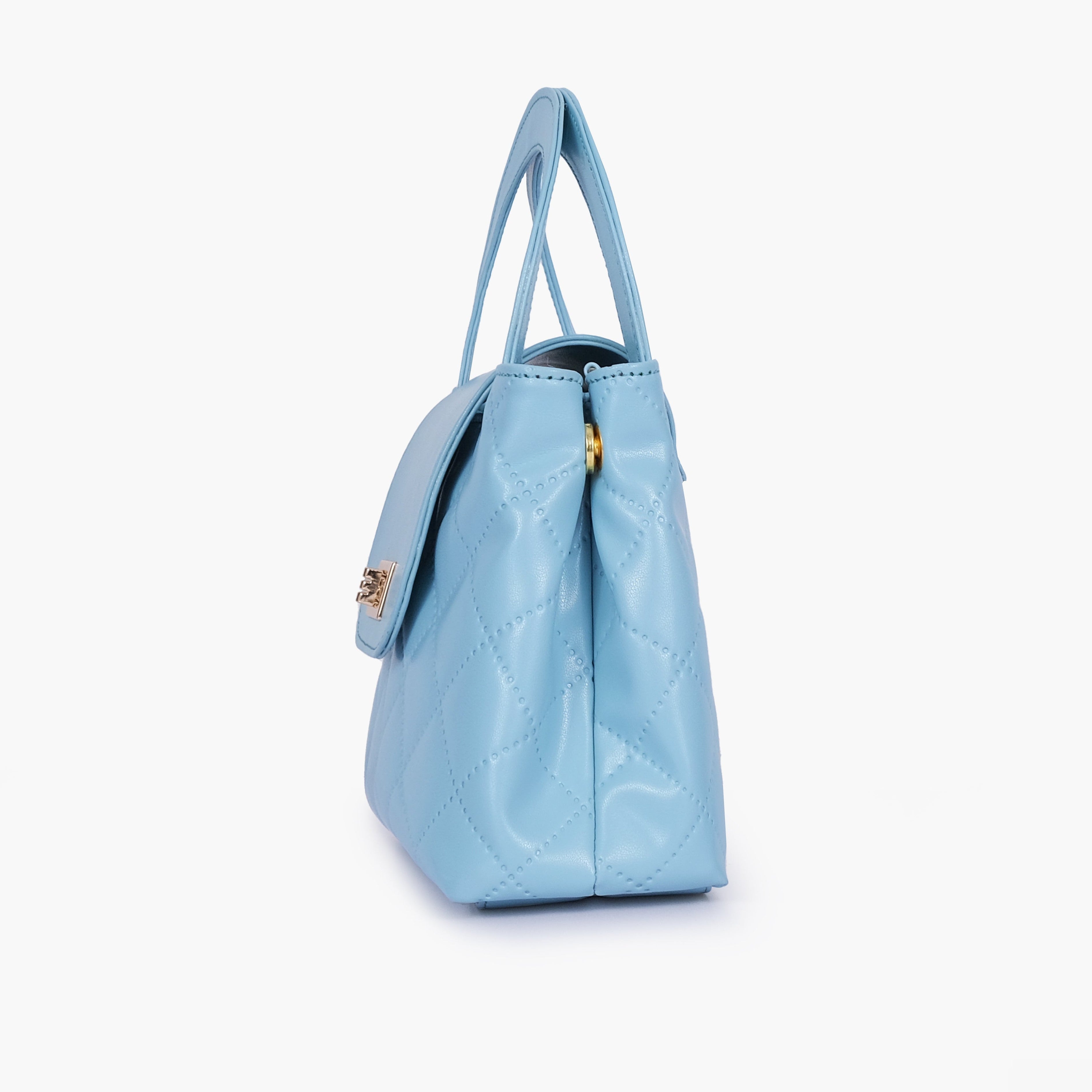 Sky blue flap quilted bag with top handle