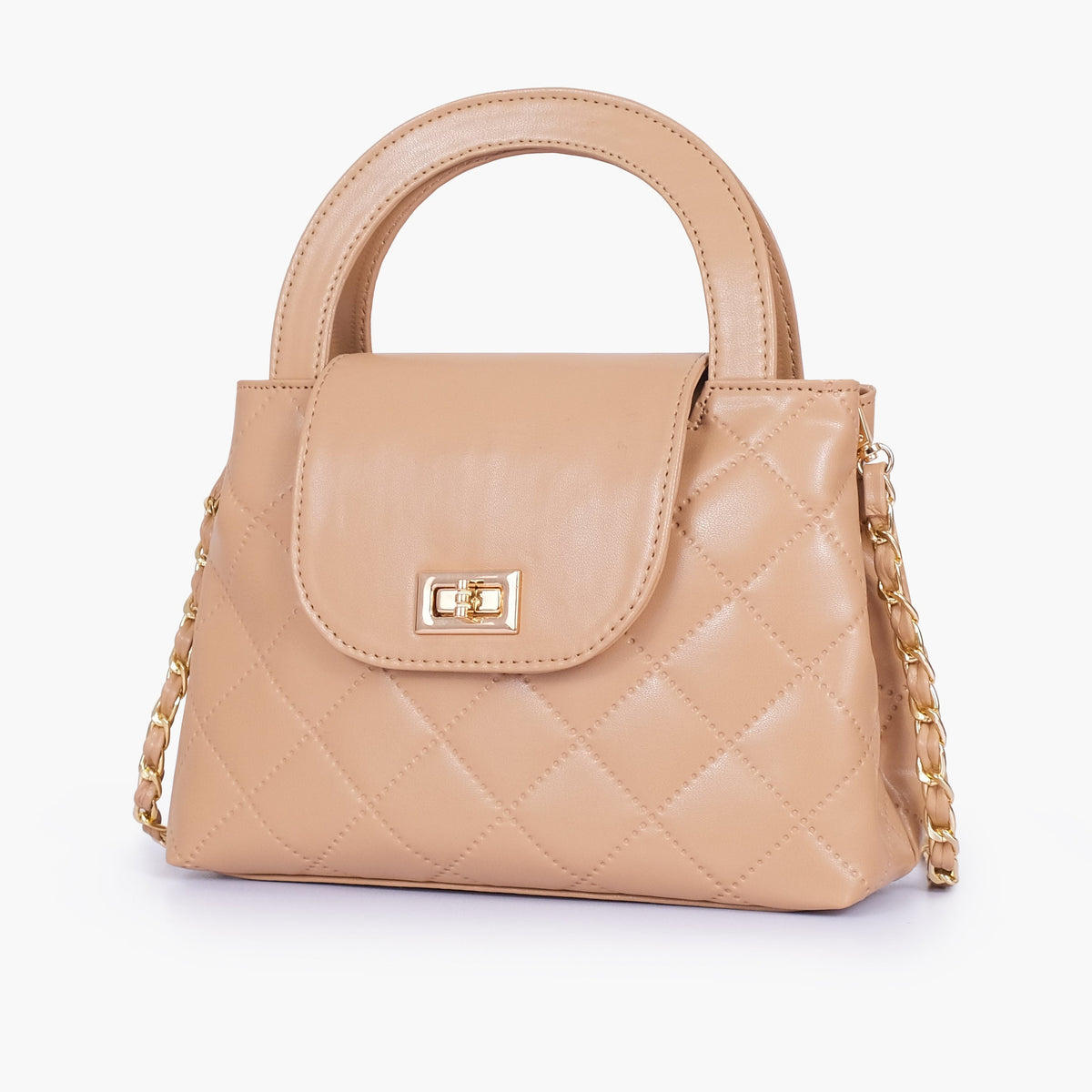 Beige flap quilted bag with top handle