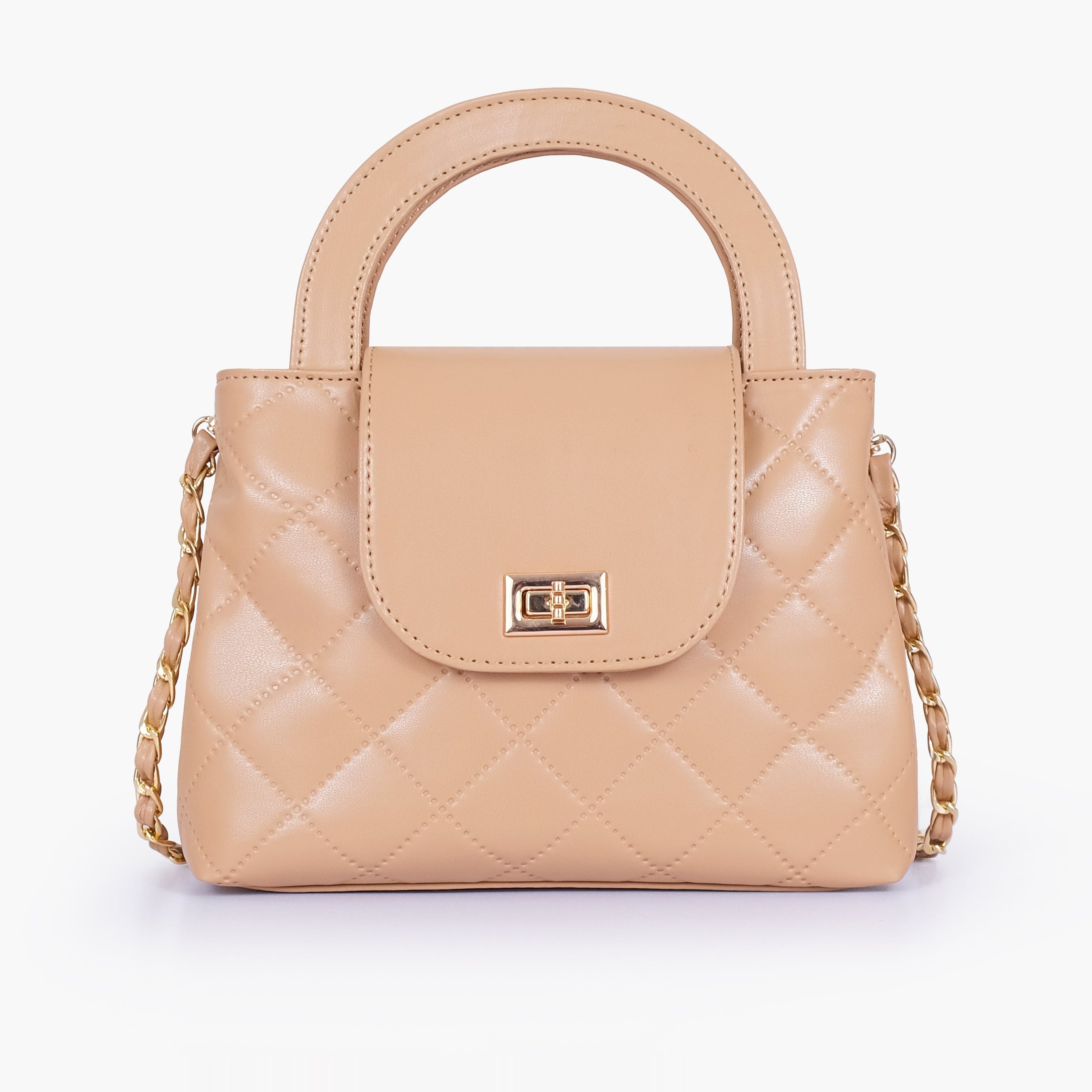 Beige flap quilted bag with top handle