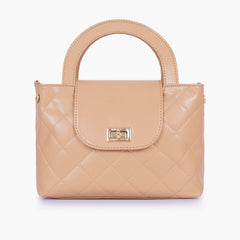 Beige flap quilted bag with top handle