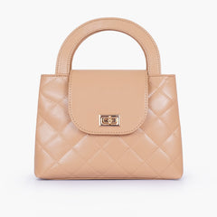Beige flap quilted bag with top handle