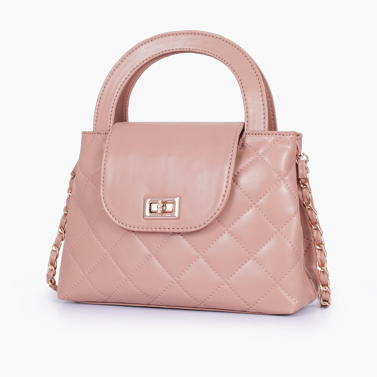 Baby pink flap quilted bag with top handle