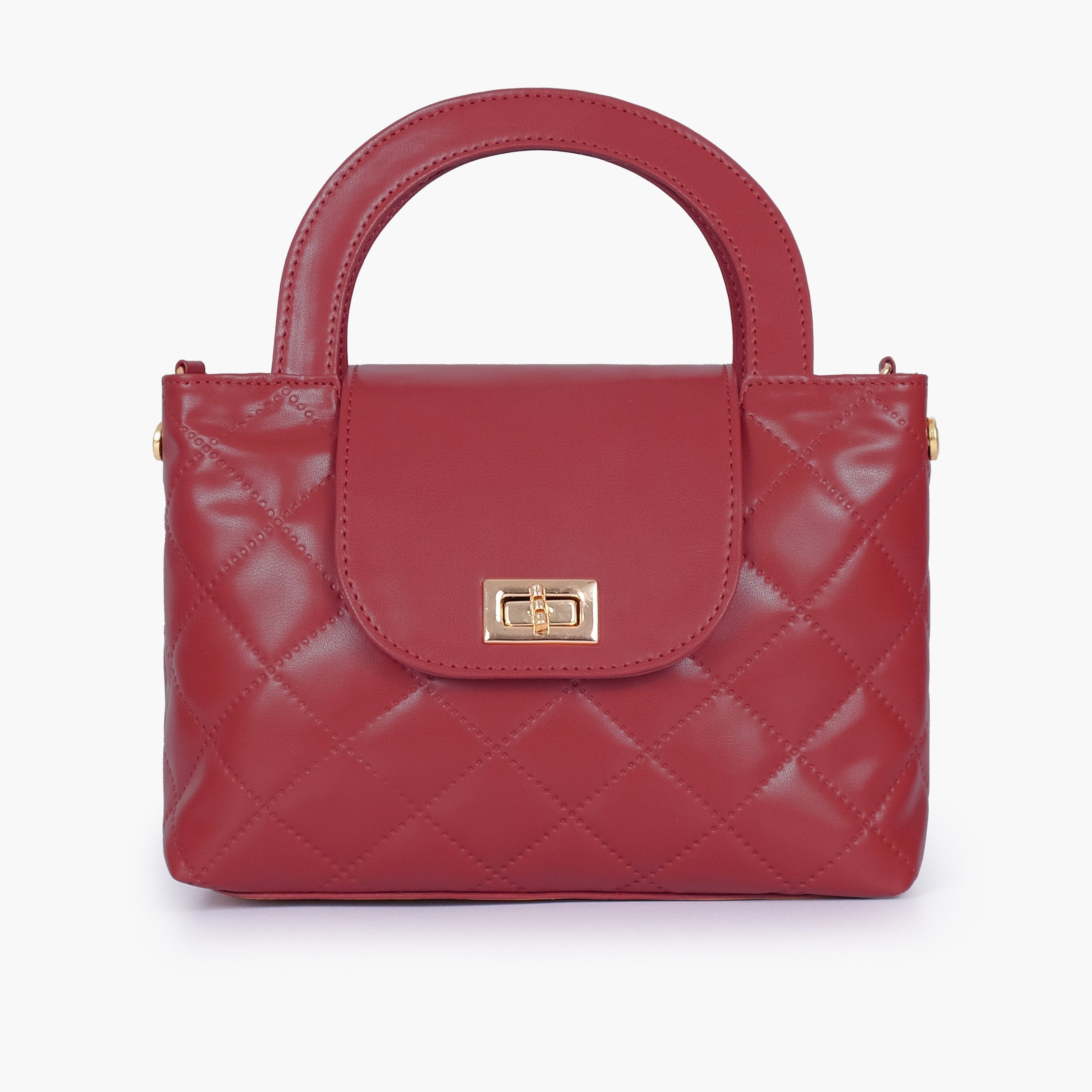 Maroon flap quilted bag with top handle