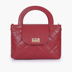 Maroon flap quilted bag with top handle