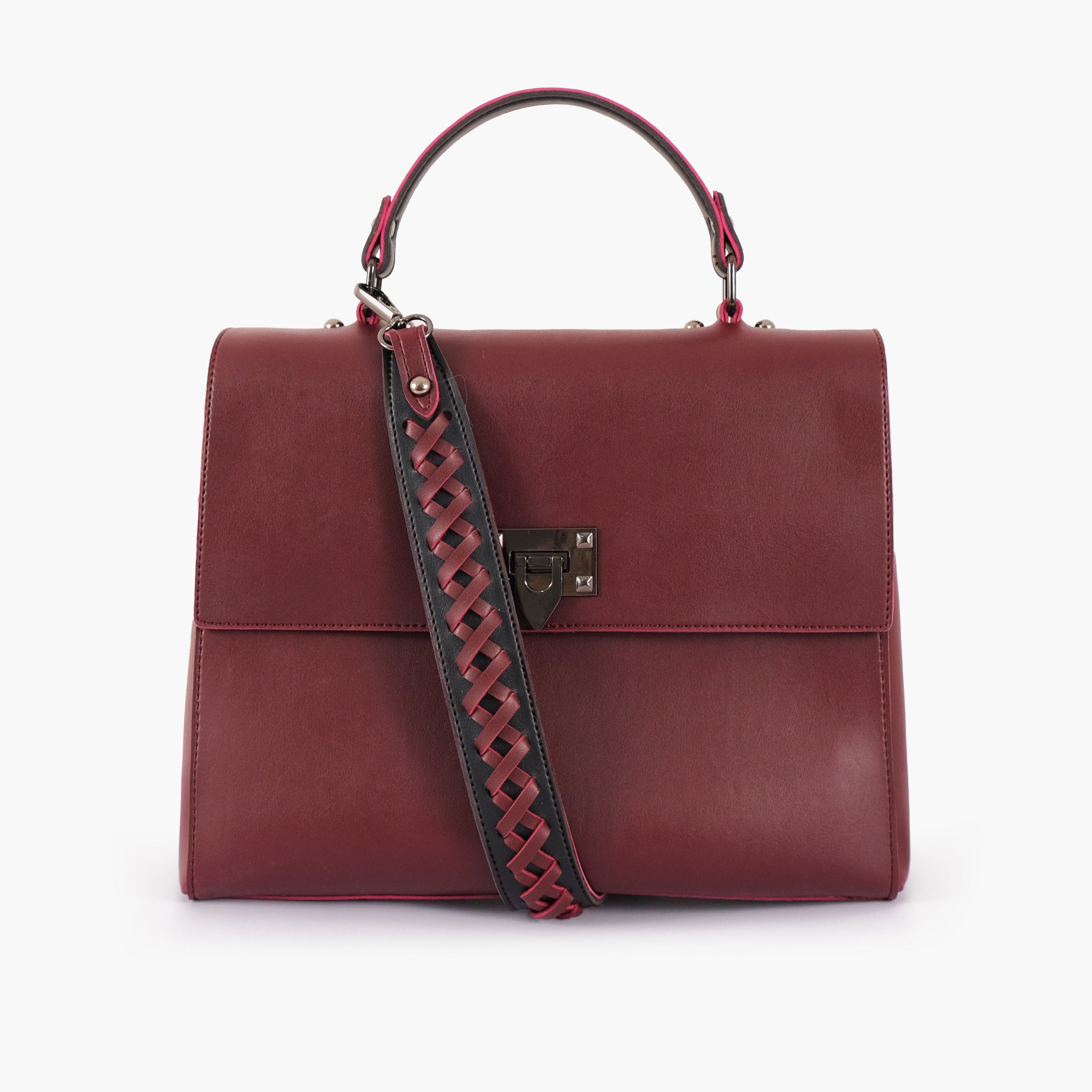 Burgundy flap-over top-handle bag