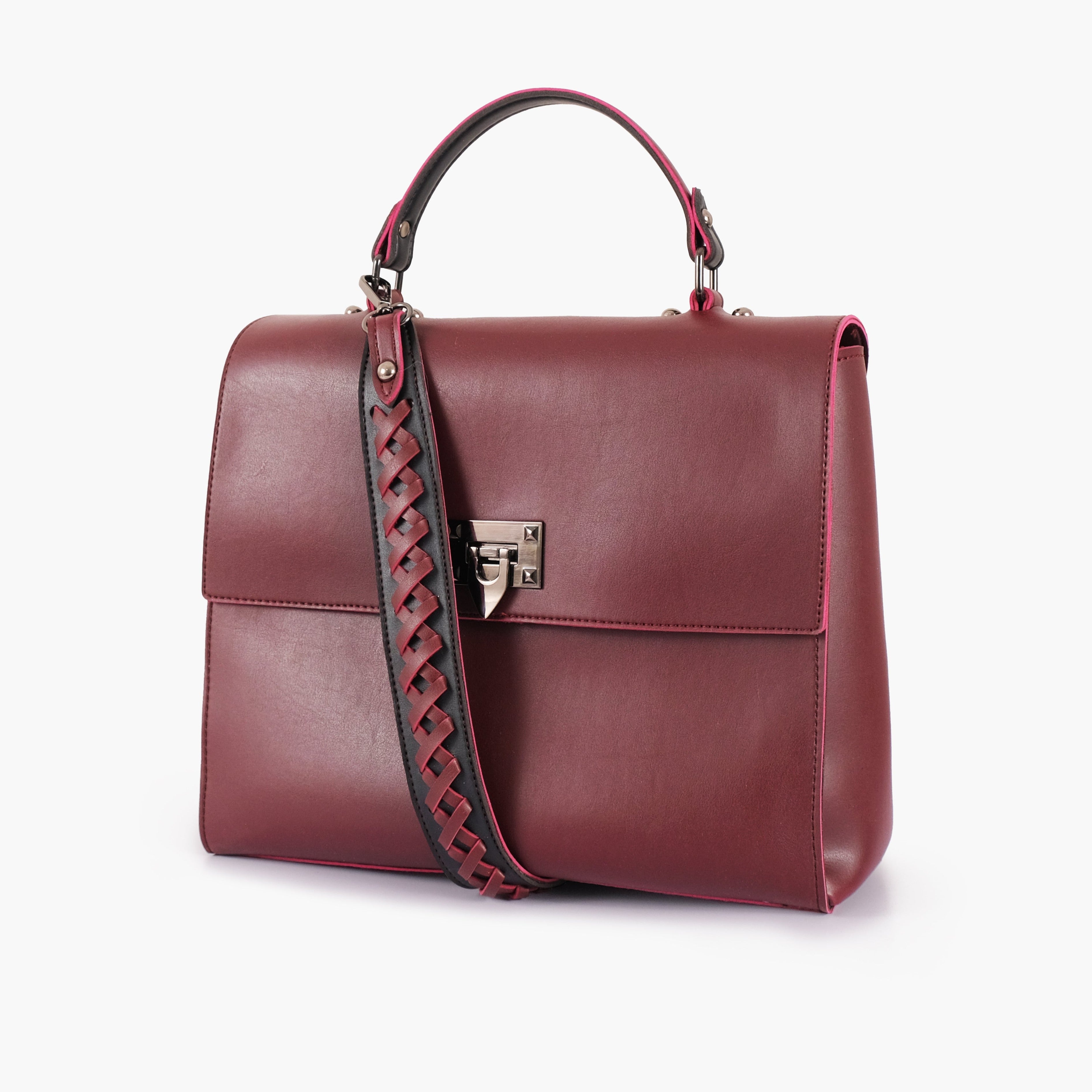 Burgundy flap-over top-handle bag