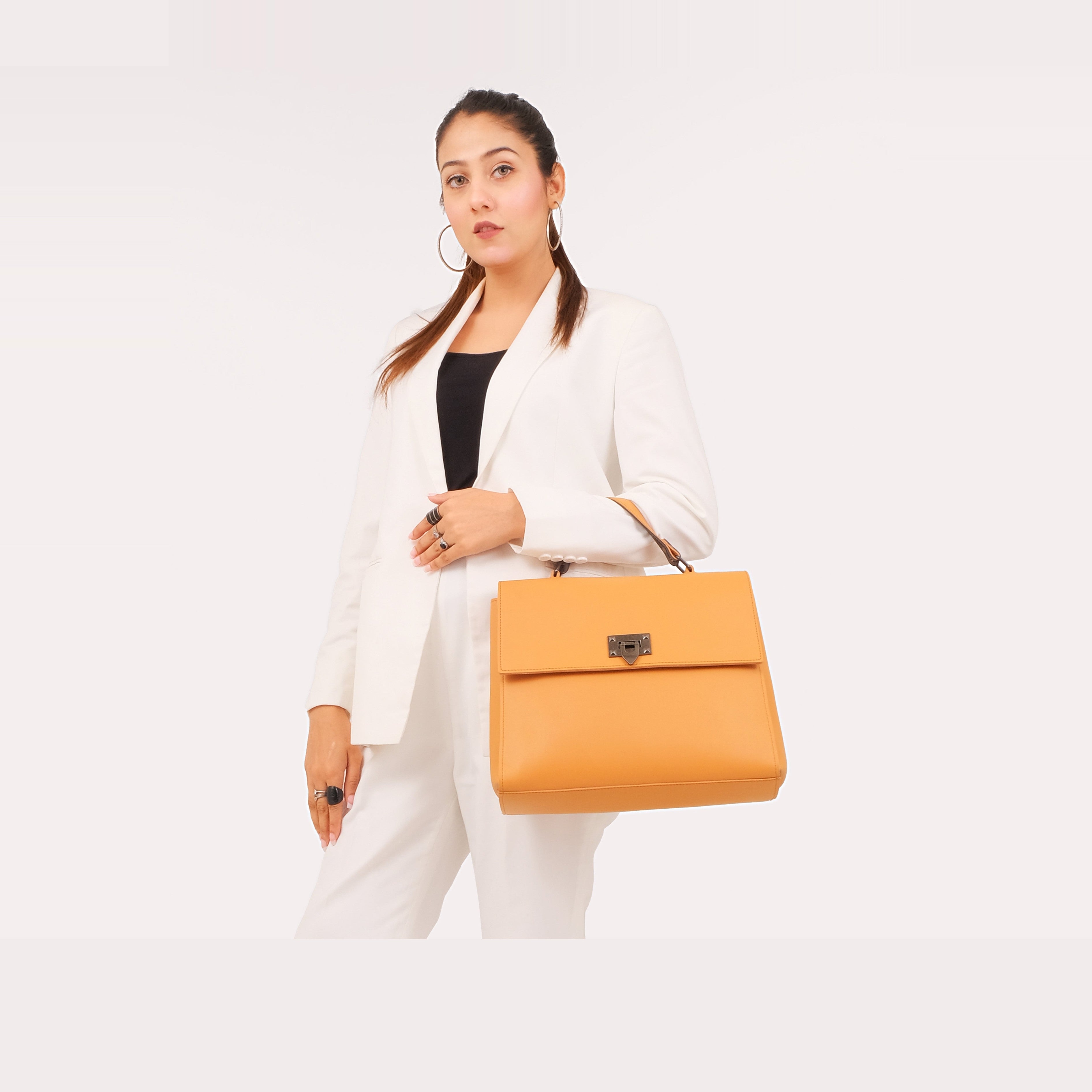 Mustard flap-over top-handle bag
