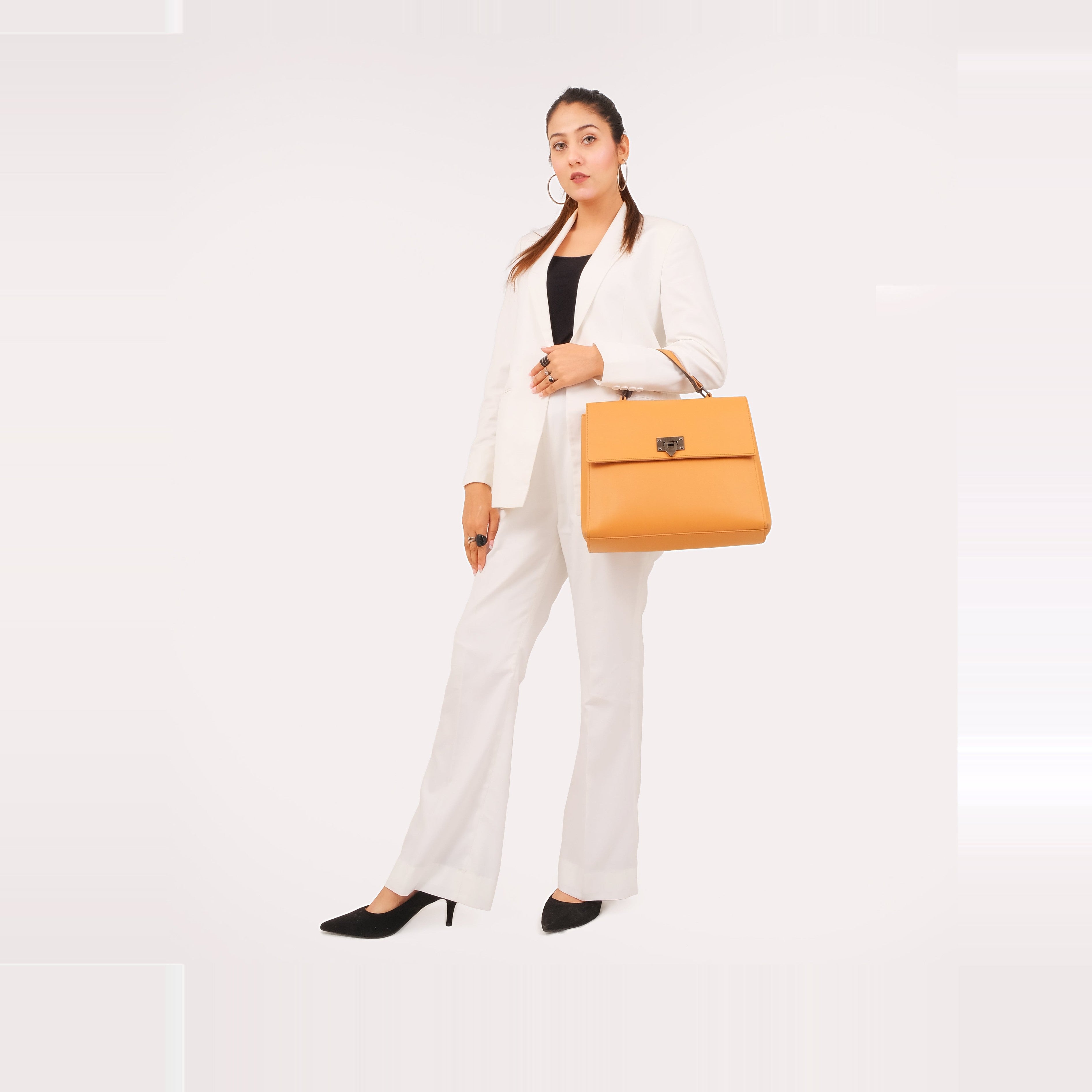 Mustard flap-over top-handle bag