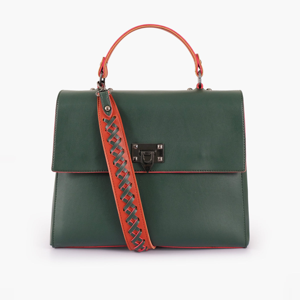 Army green flap-over top-handle bag