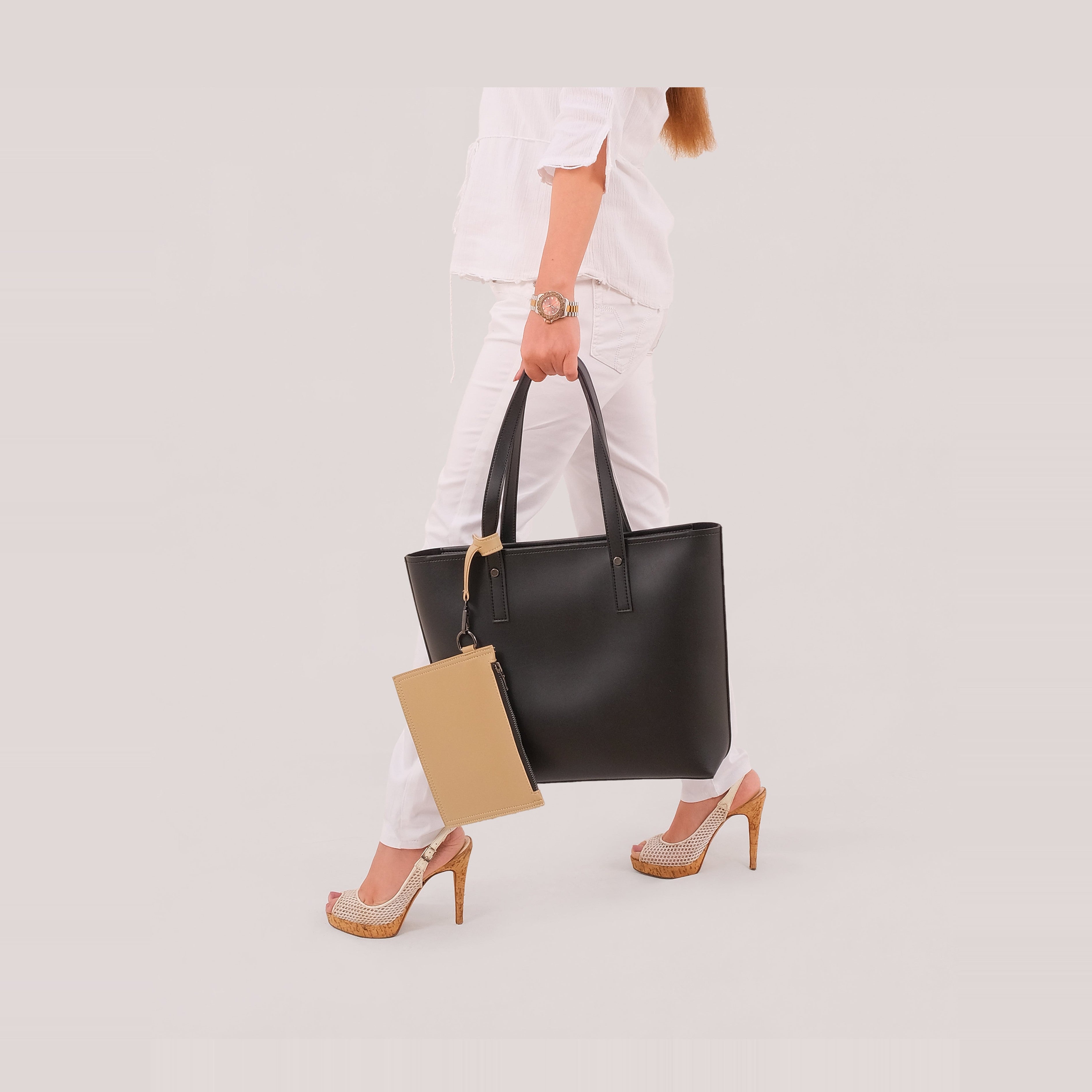 Black tote bag with detachable pouch