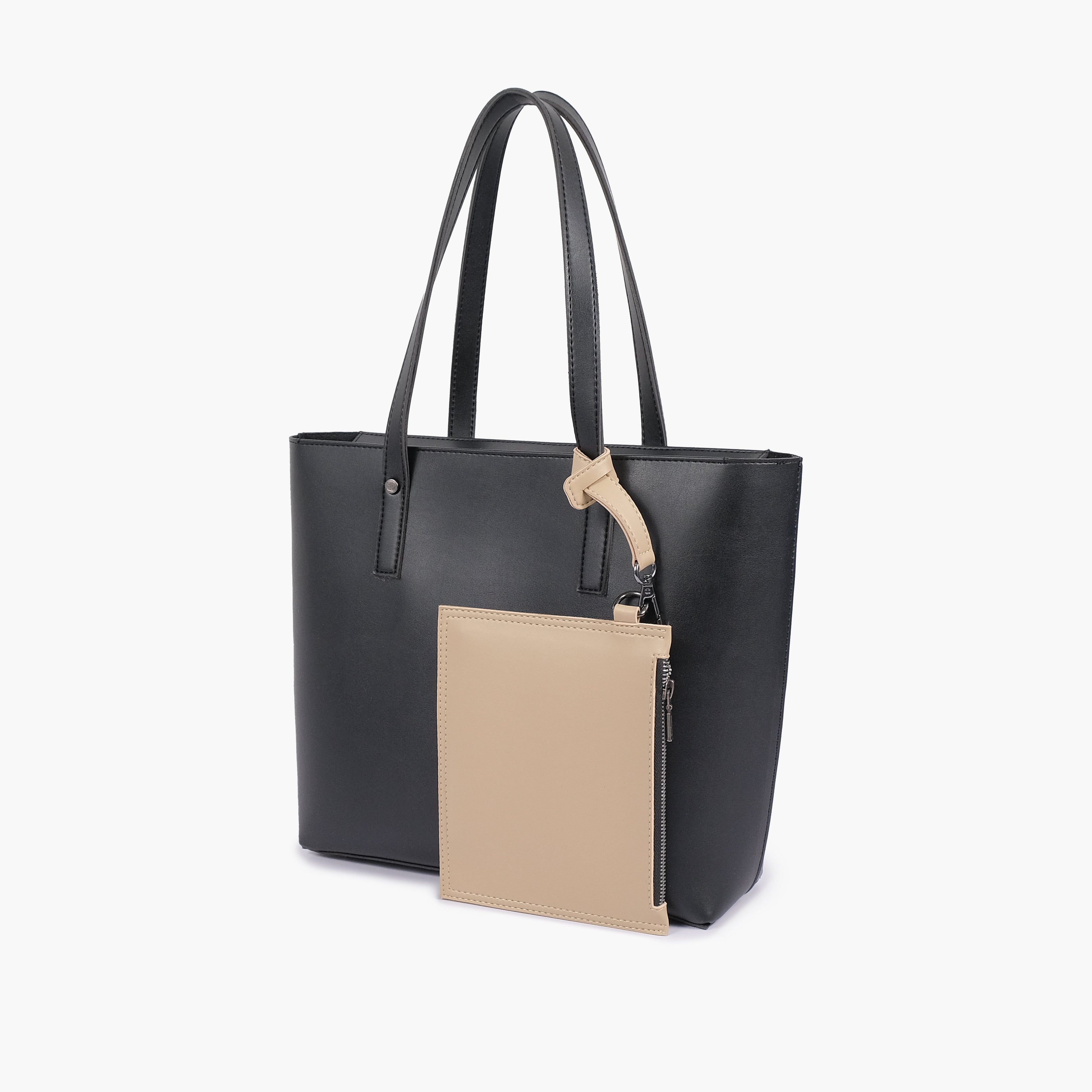 Black tote bag with detachable pouch