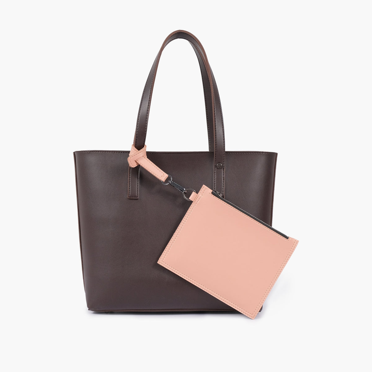 Dark brown tote bag with detachable pouch