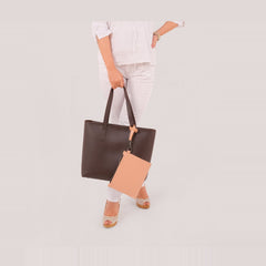 Dark brown tote bag with detachable pouch