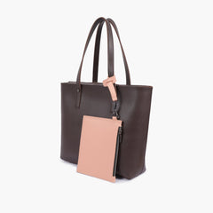 Dark brown tote bag with detachable pouch