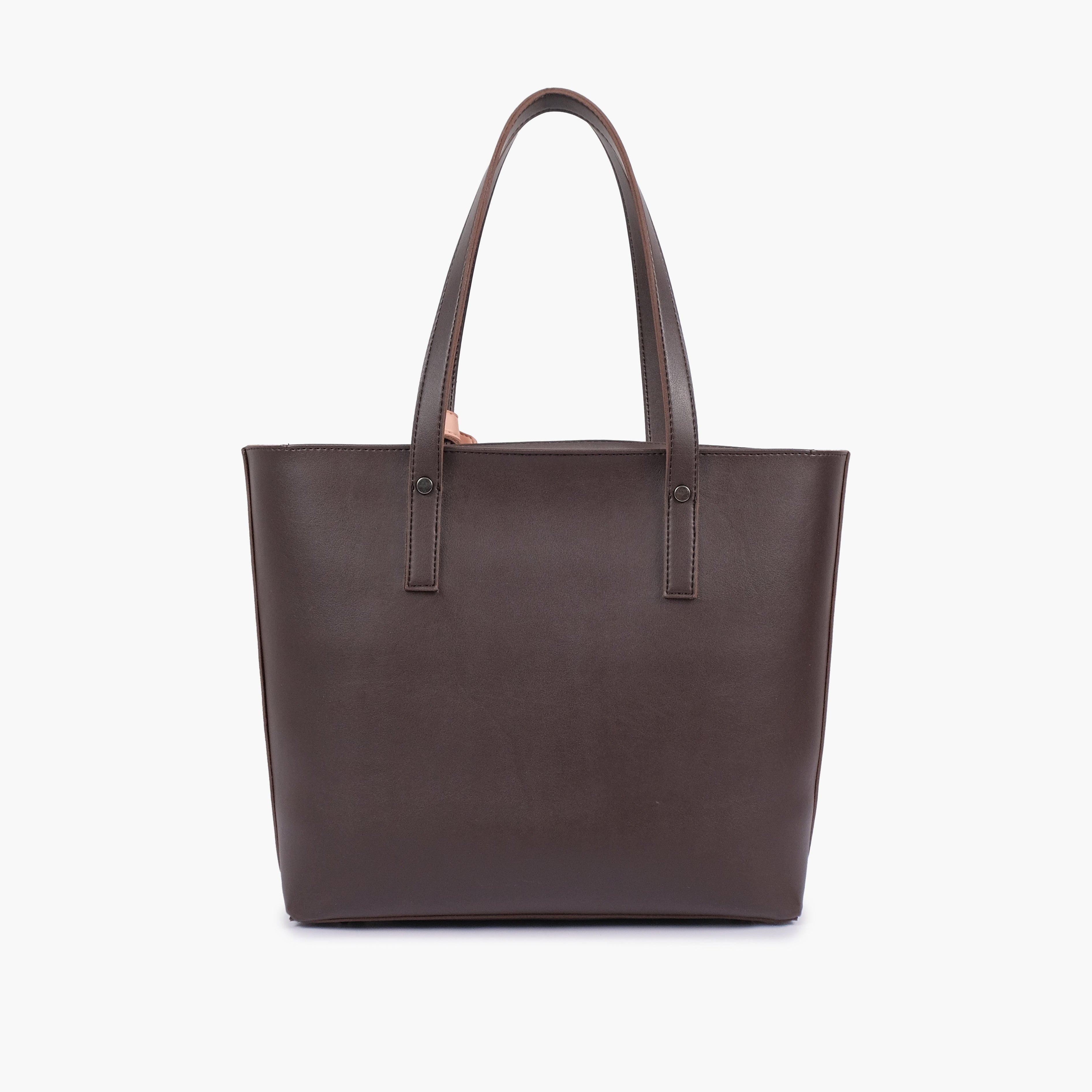Dark brown tote bag with detachable pouch