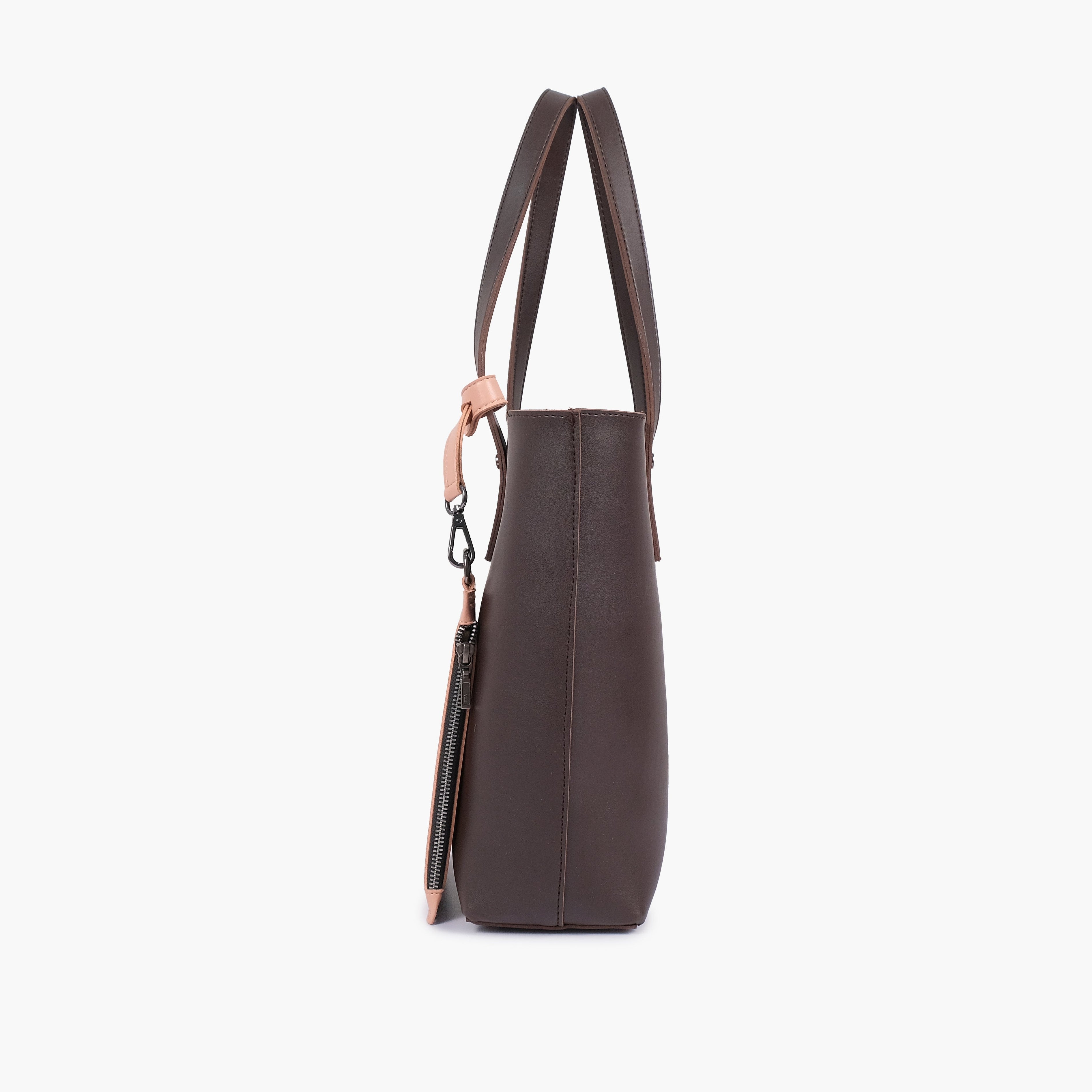 Dark brown tote bag with detachable pouch